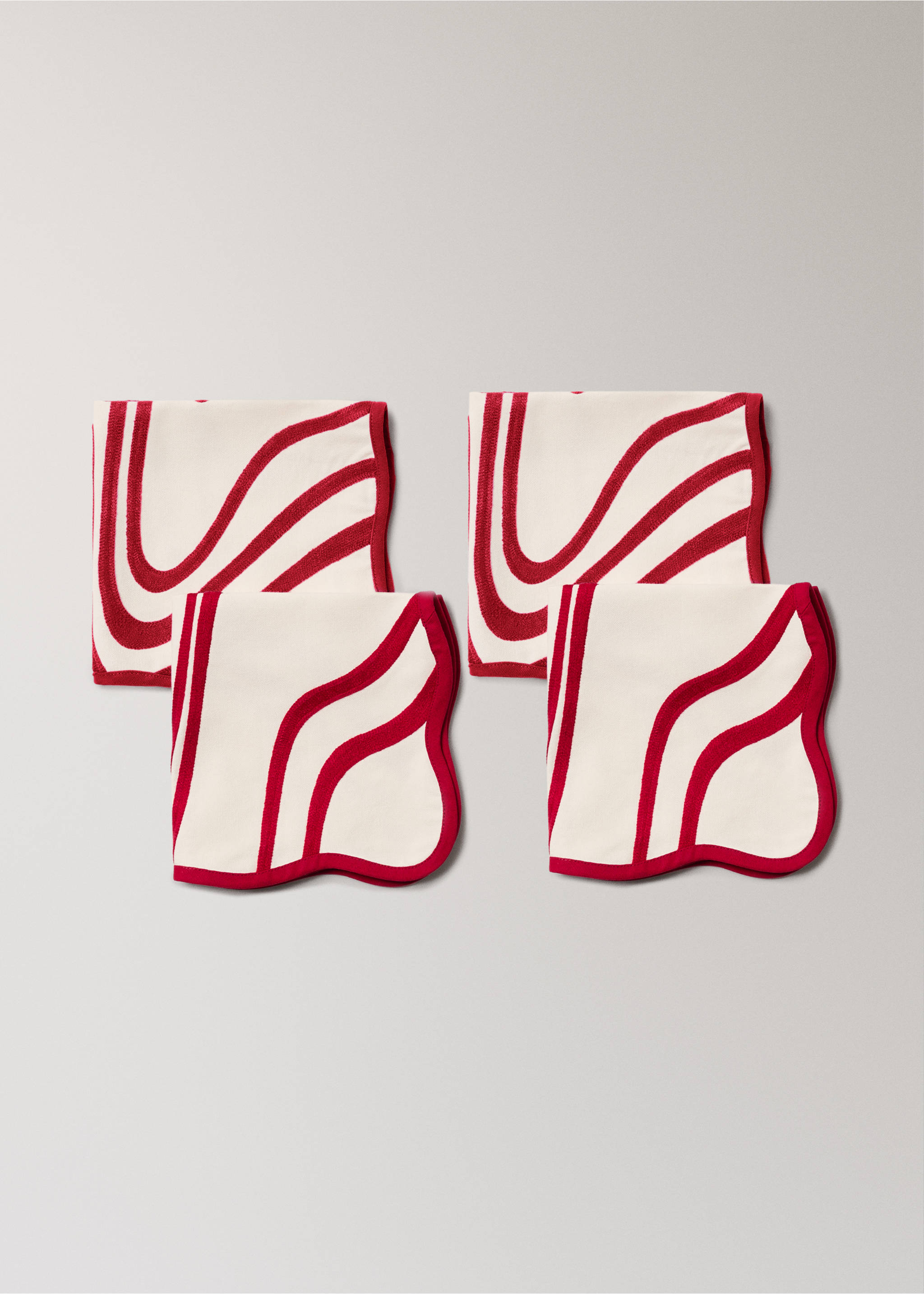 Embroidered cotton napkin with waves - Details of the article 1, Red. Ref: 17041291-00.