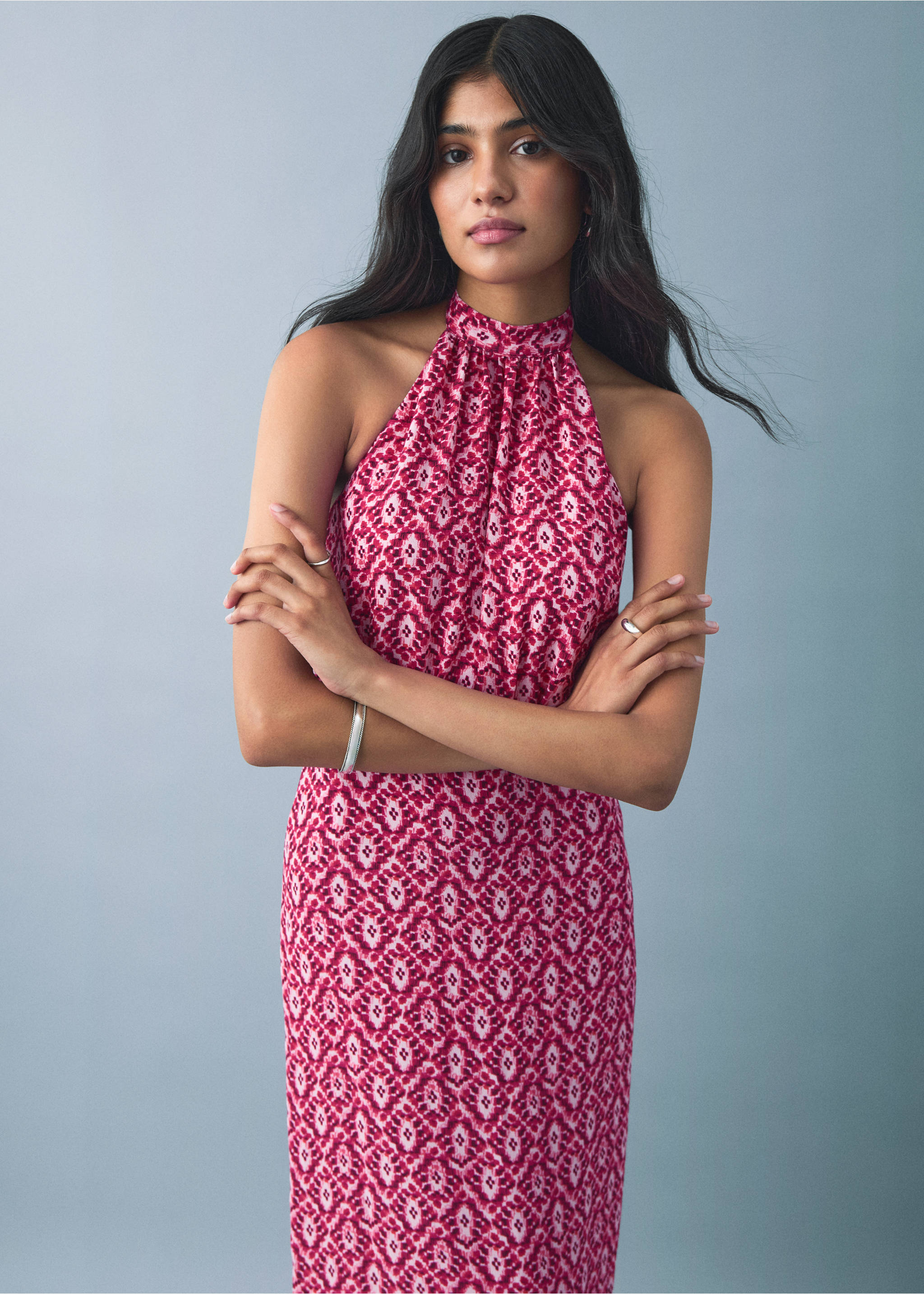 Halter-neck printed dress - Details of the article 1, Pink. Ref: 17041292-00.