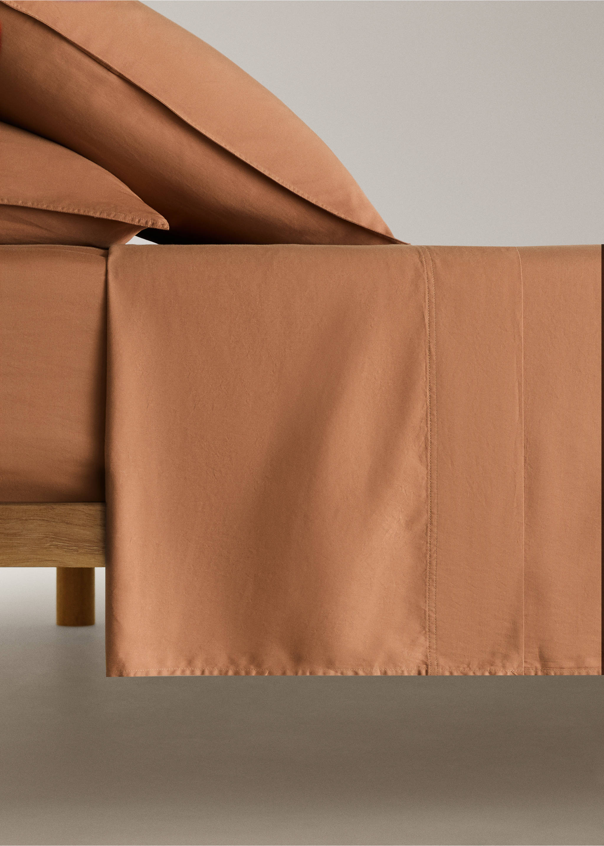 Drap plat coton satin lavé double surpiqûre lit 90 cm - Article sans modèle, Orange brûlé. Ref: 17041537-00.