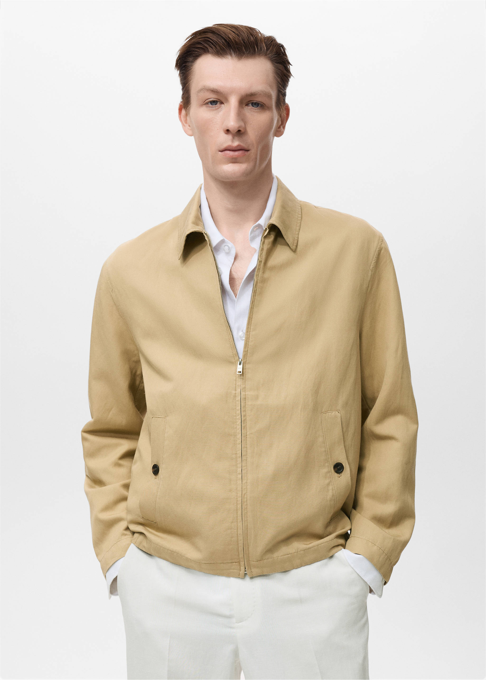 Veste lin fermeture Éclair - Plan moyen, Beige. Ref: 17042893-00.