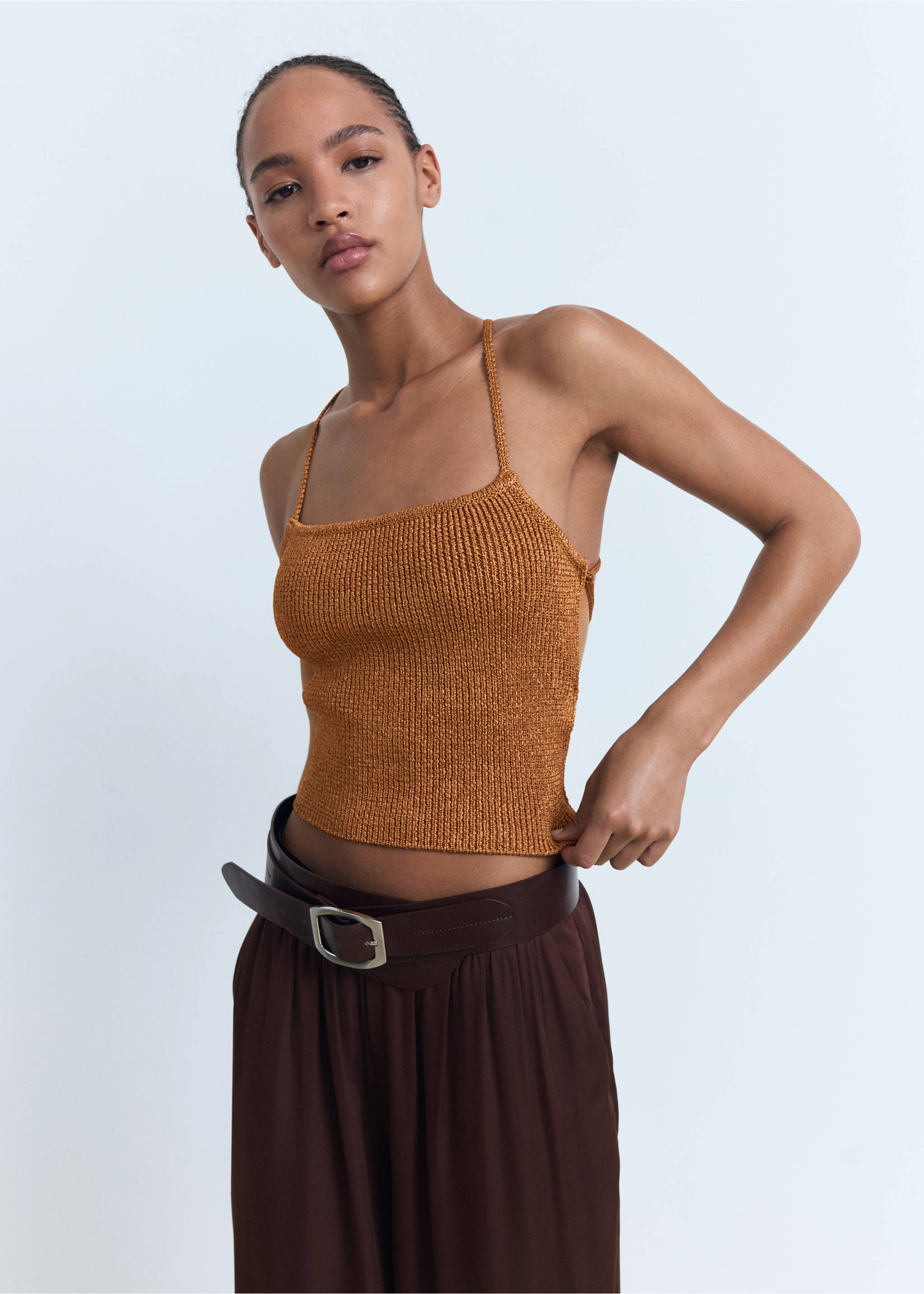 Lurex knitted top with crossed back - Medium plane, Copper. Ref: 17042899-00.