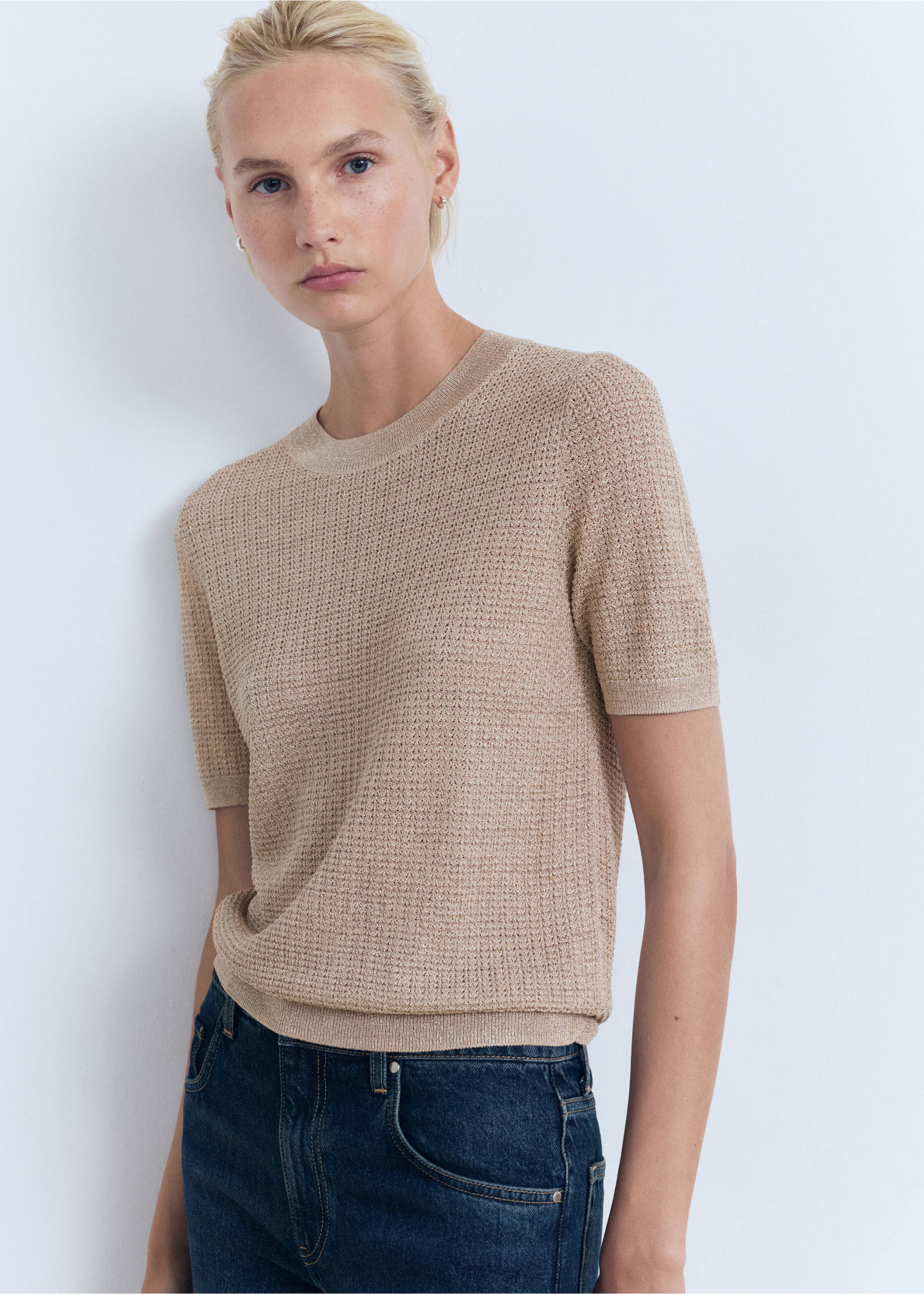 Short-sleeved lurex sweater - Medium plane, Silver. Ref: 17042902-00.