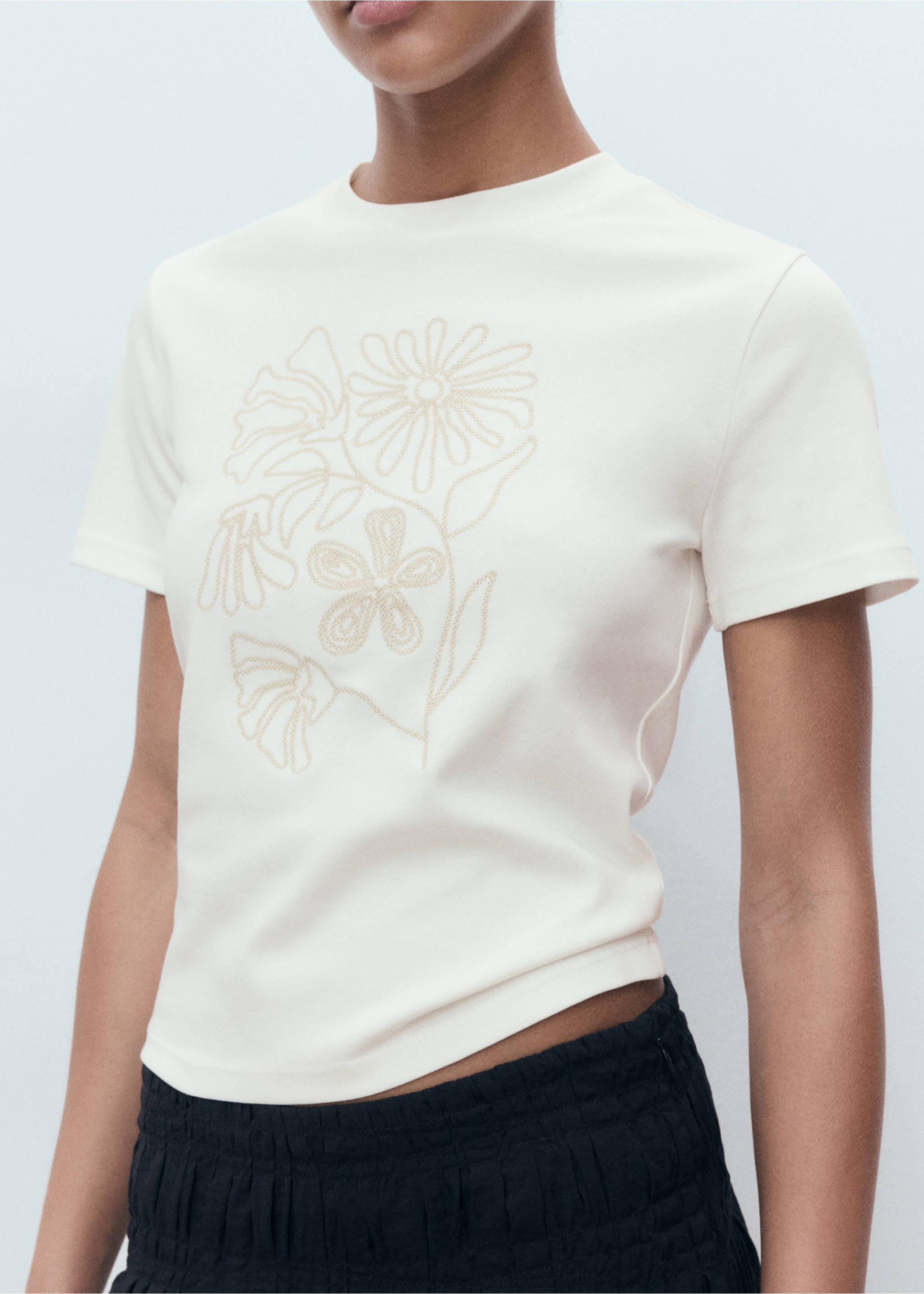 Floral-embroidered cotton t-shirt - Medium plane, Off White. Ref: 17042908-00.