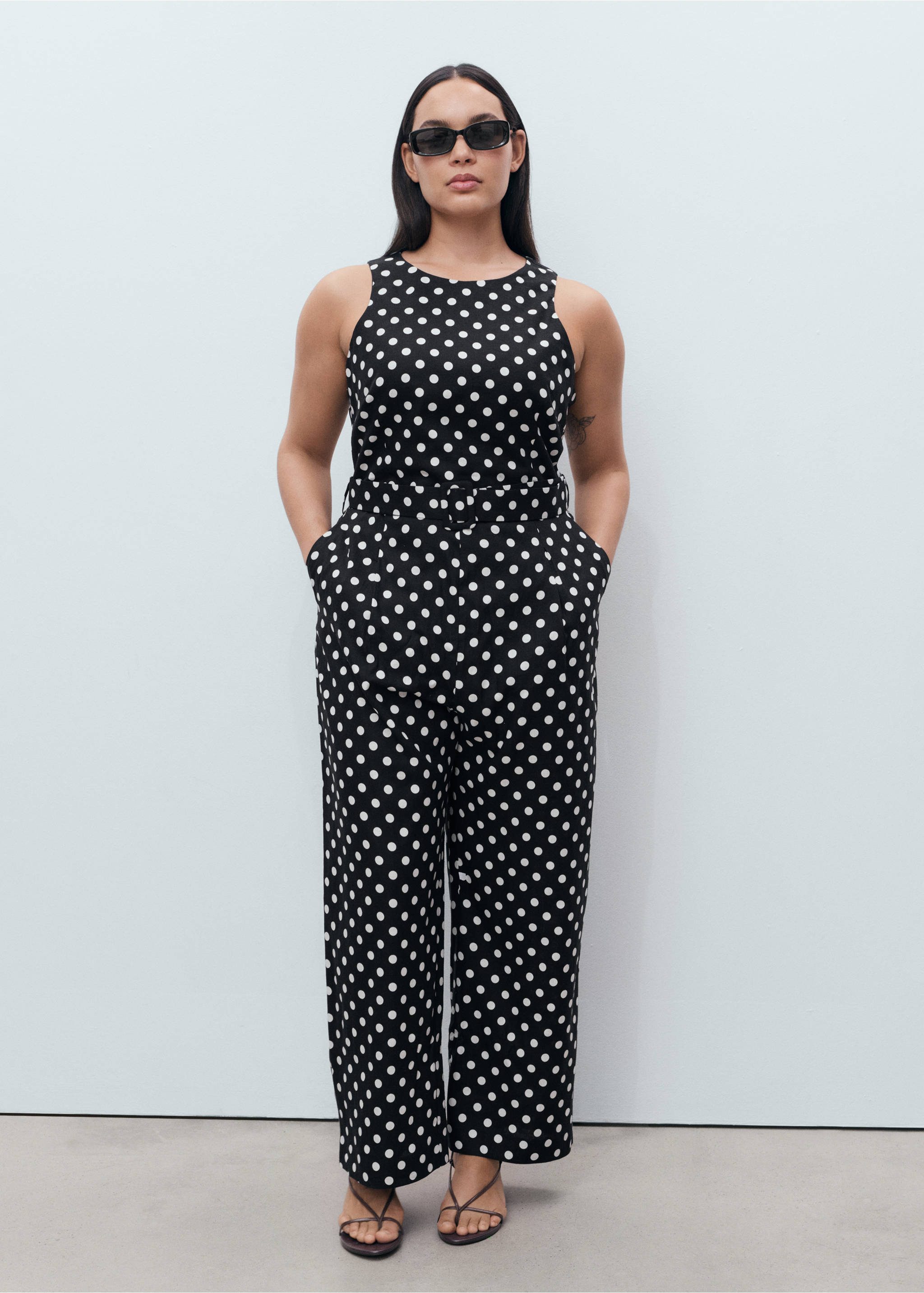Polka-dot belt jumpsuit - Details of the article 3, Black. Ref: 17042930-00.