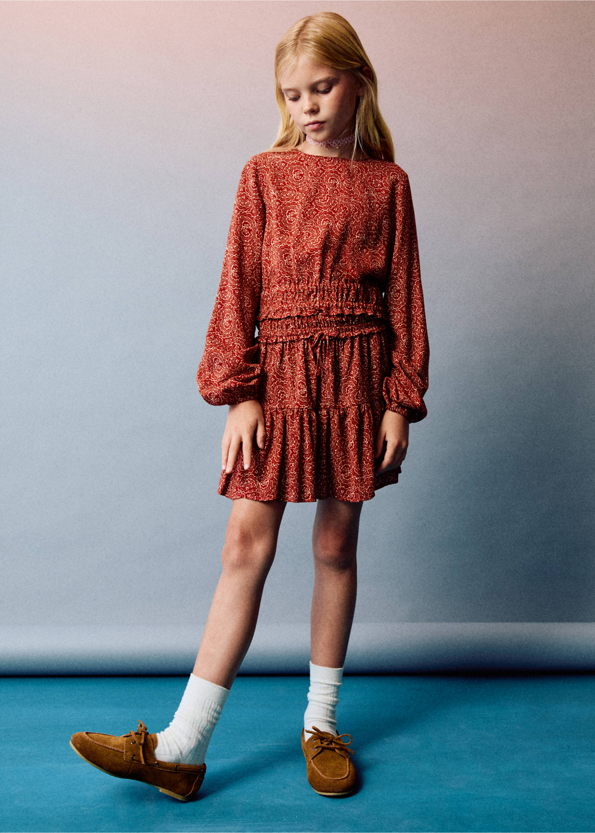 Jupe courte imprimée - Détail de l'article 6, Orange brûlé. Ref: 17043286-00.