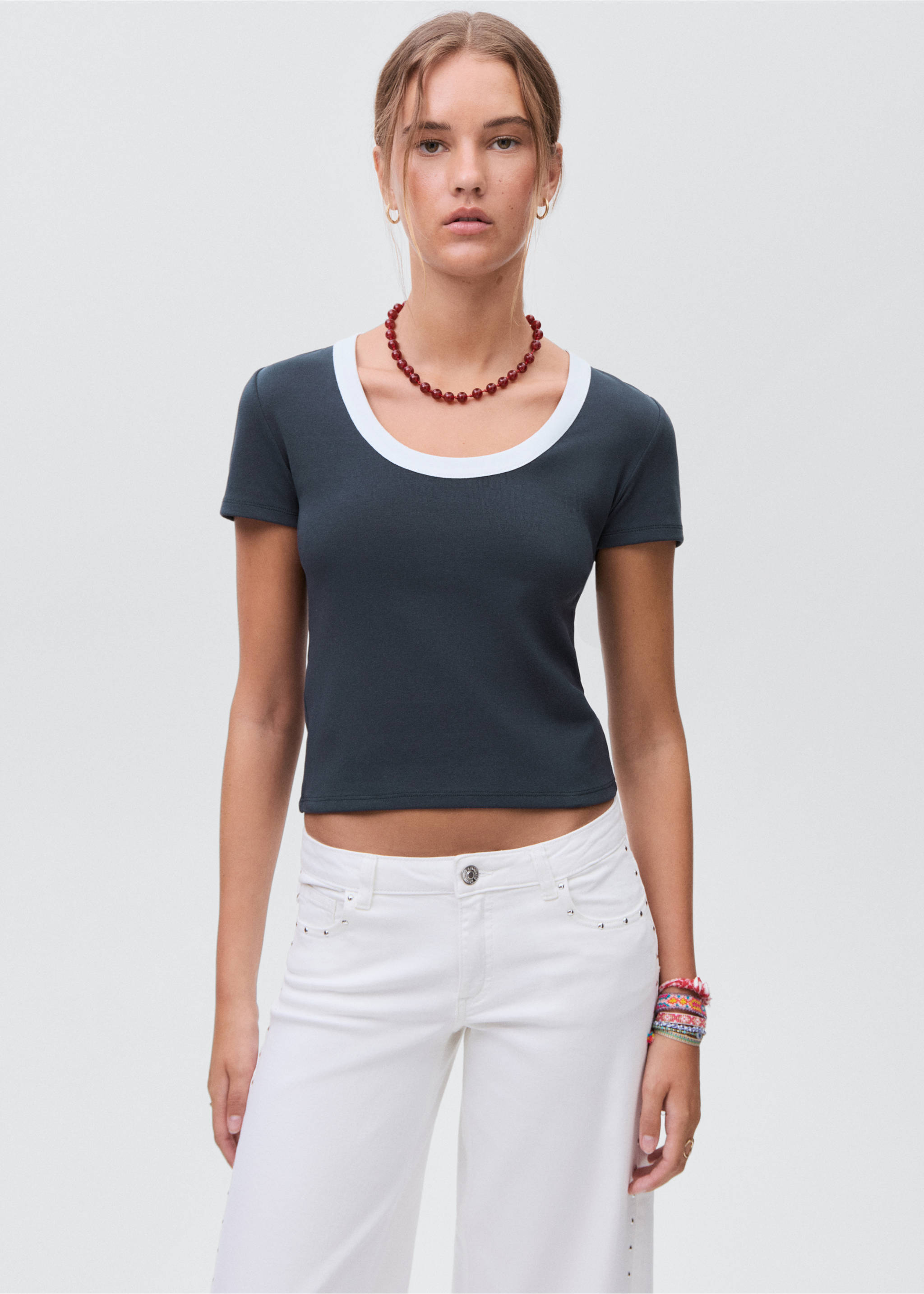 Contrasting collar cotton t-shirt - Medium plane, Navy. Ref: 17043335-00.