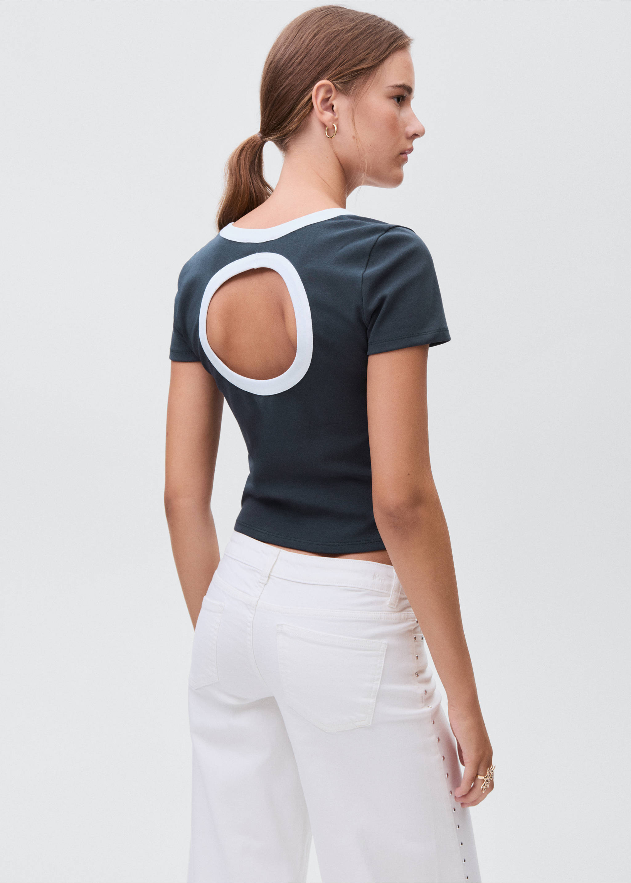 Contrasting collar cotton t-shirt - Reverse of the article, Navy. Ref: 17043335-00.