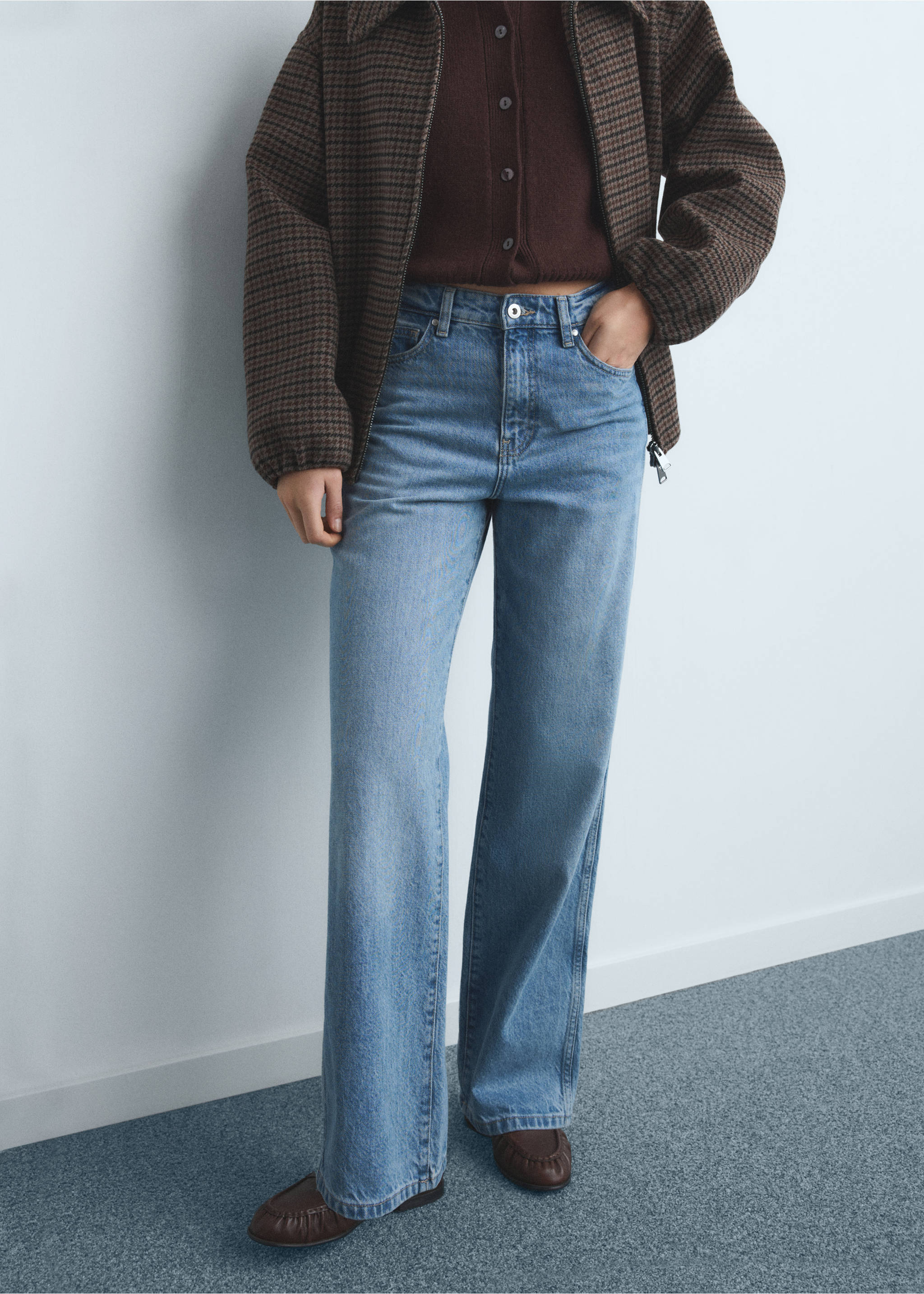 Jeans rectos tiro alto - Plano medio, Azul medio. Ref: 17044092-00.
