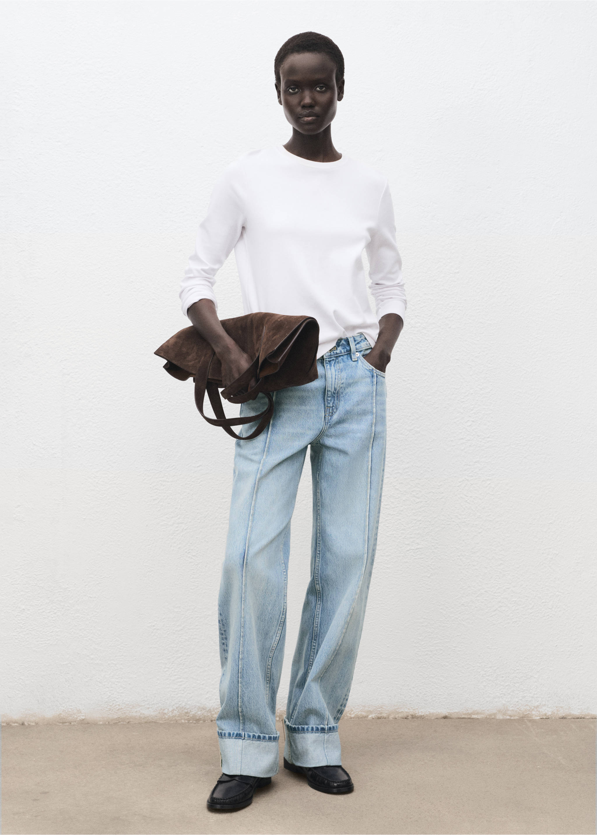 Wide leg jeans with turn-up hem - General plane, Medium Blue. Ref: 17044100-00.