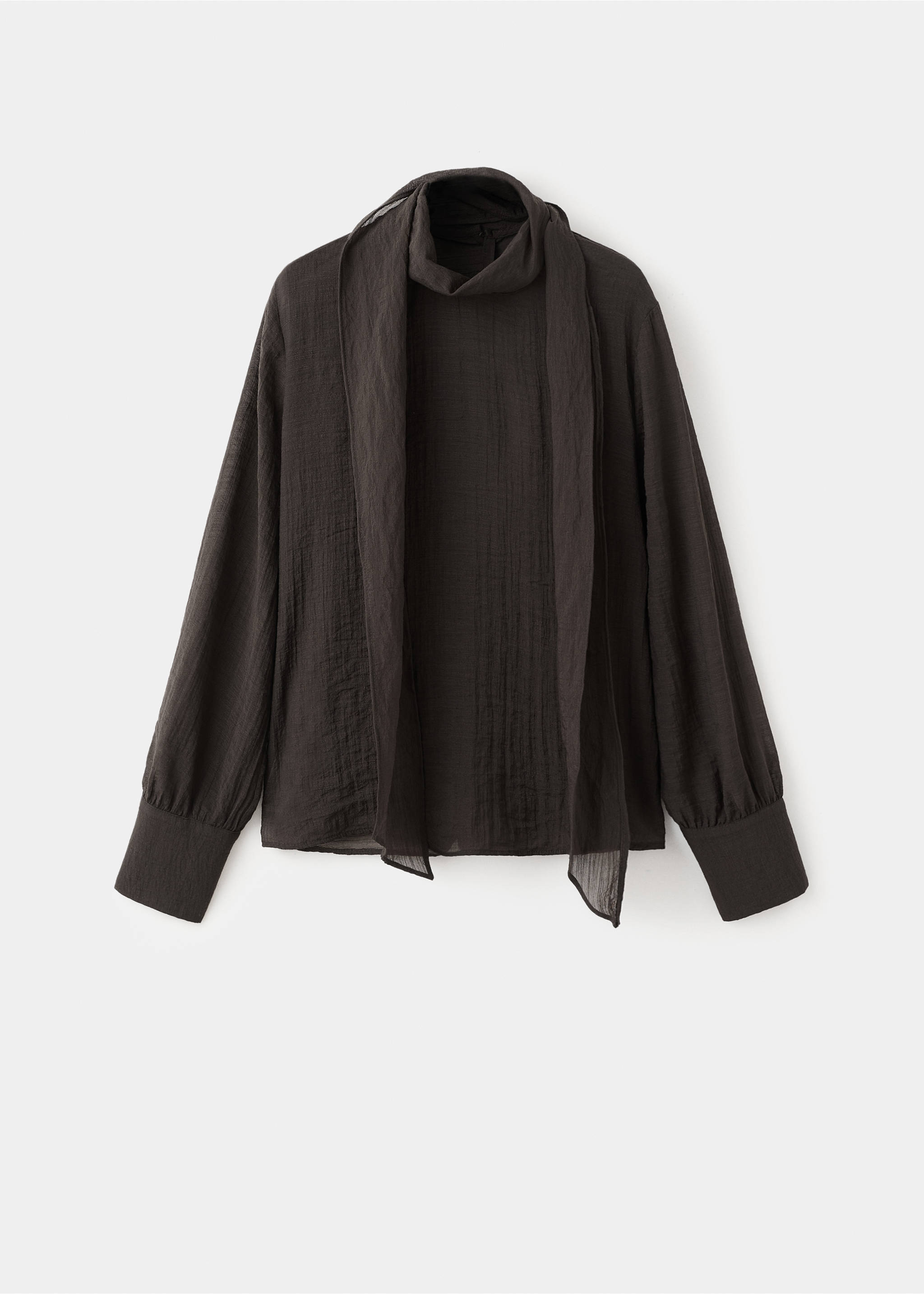 Dark charcoal grey blouse with long sleeves, cowl neck, and attached scarf tie., Chocolate. Ref: 17044138-00.