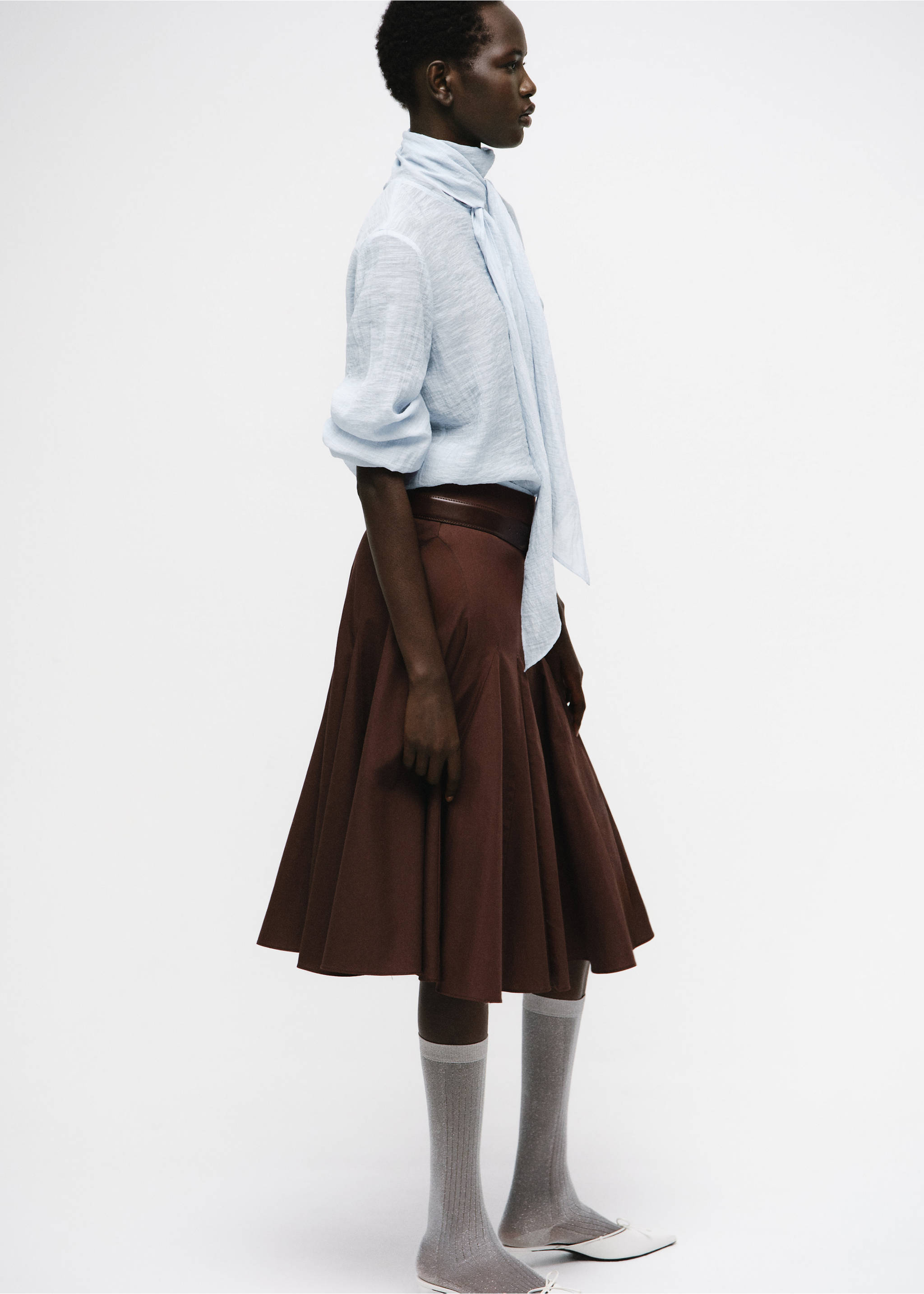 Light blue textured blouse with high neck scarf-tie detail., Sky Blue. Ref: 17044138-00.