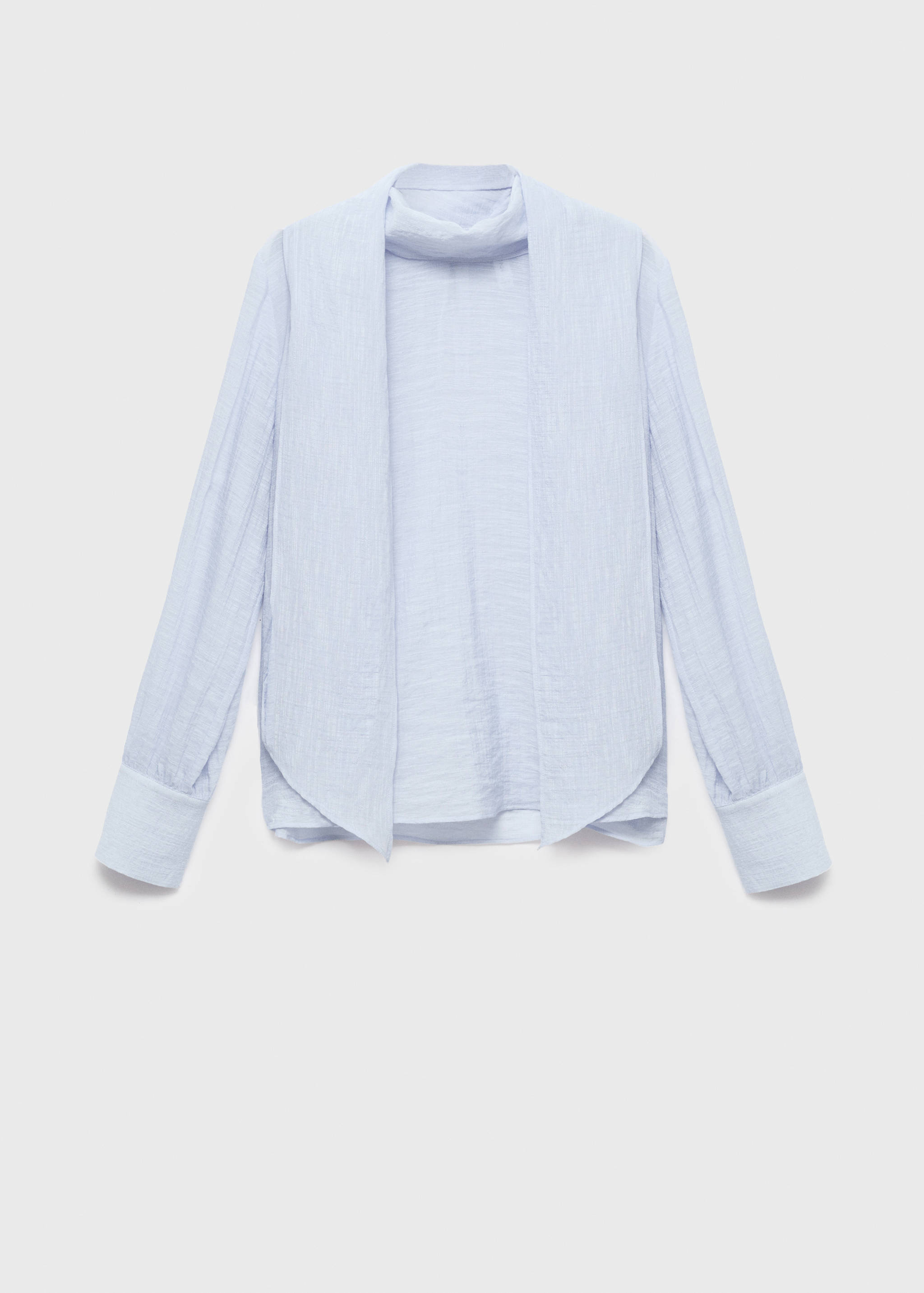 Pale blue long-sleeved blouse with a high neck and draped front.