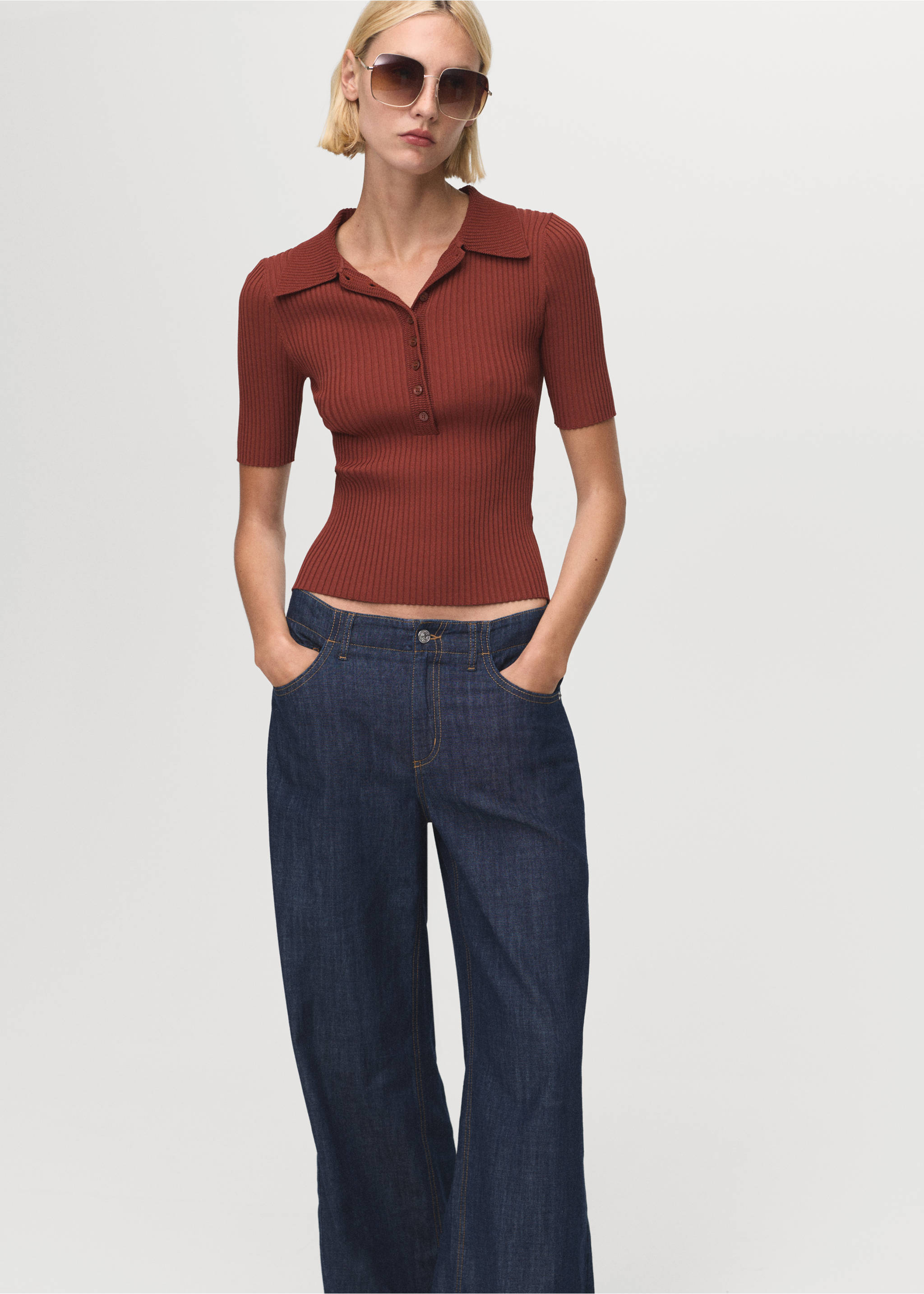 Wide leg mid-rise jeans - Details of the article 1, Open Blue. Ref: 17044143-00.