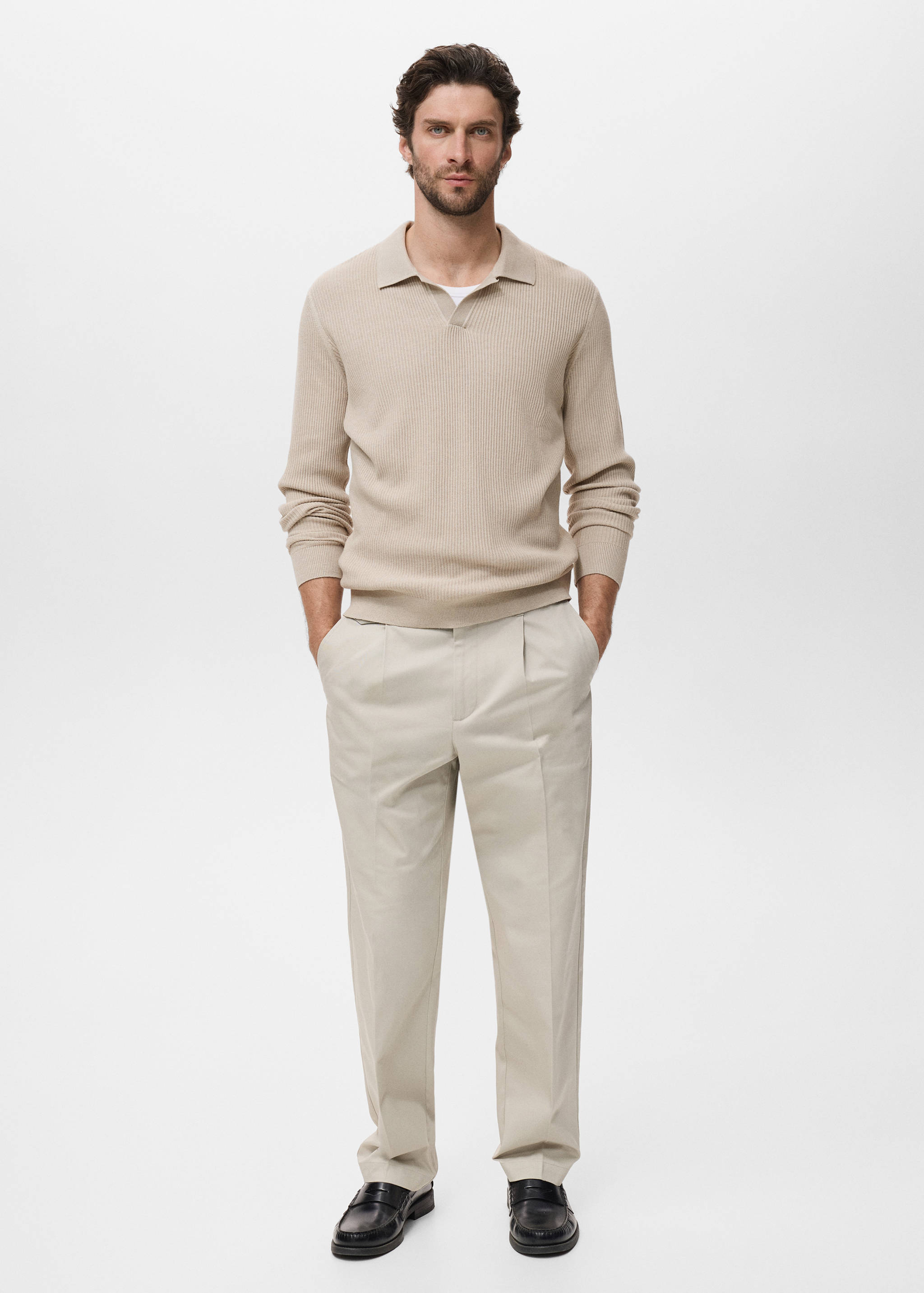 Cotton-blend ribbed polo sweater - General plane