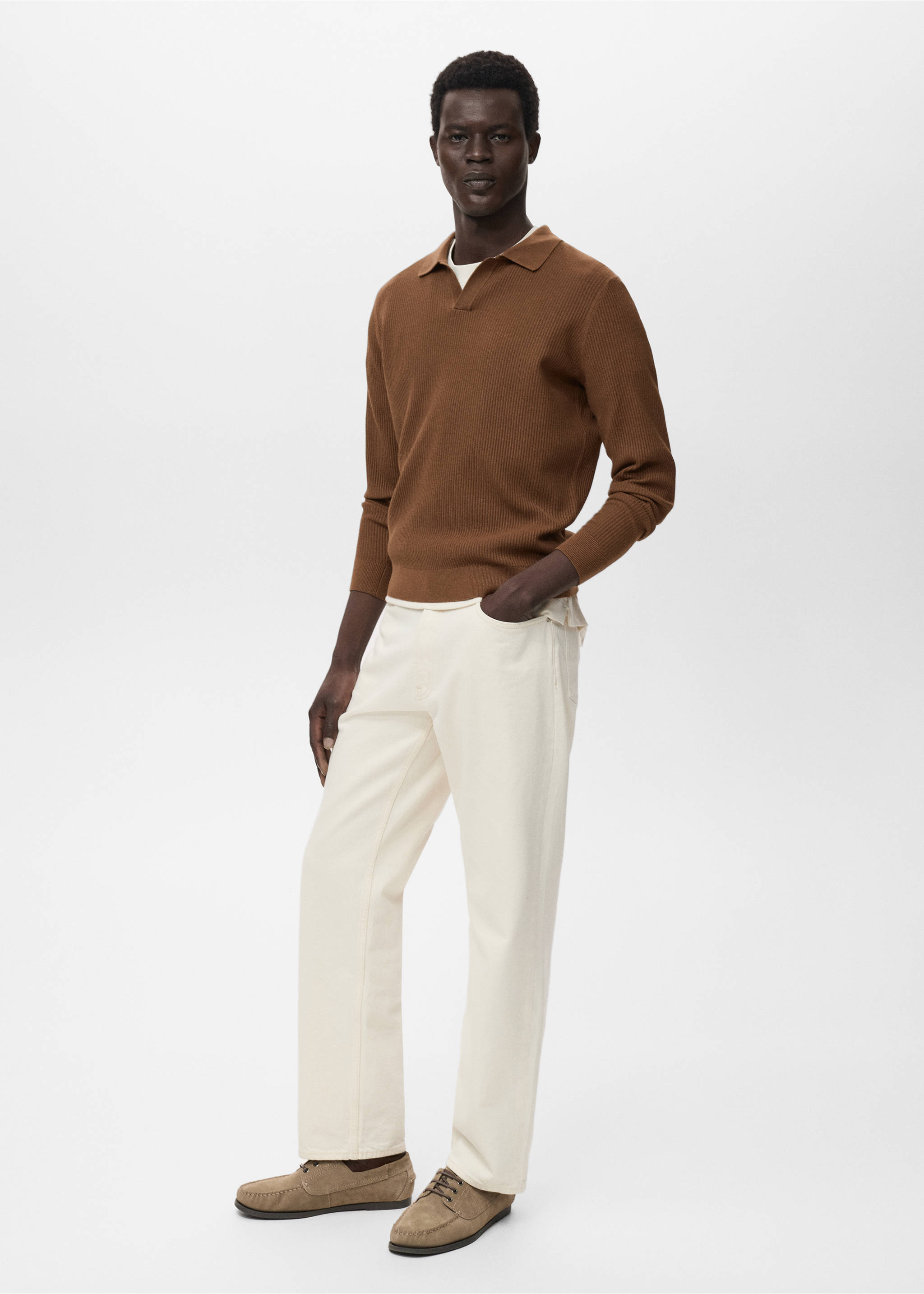Cotton-blend ribbed polo sweater - General plane, Tobacco Brown. Ref: 17044428-00.