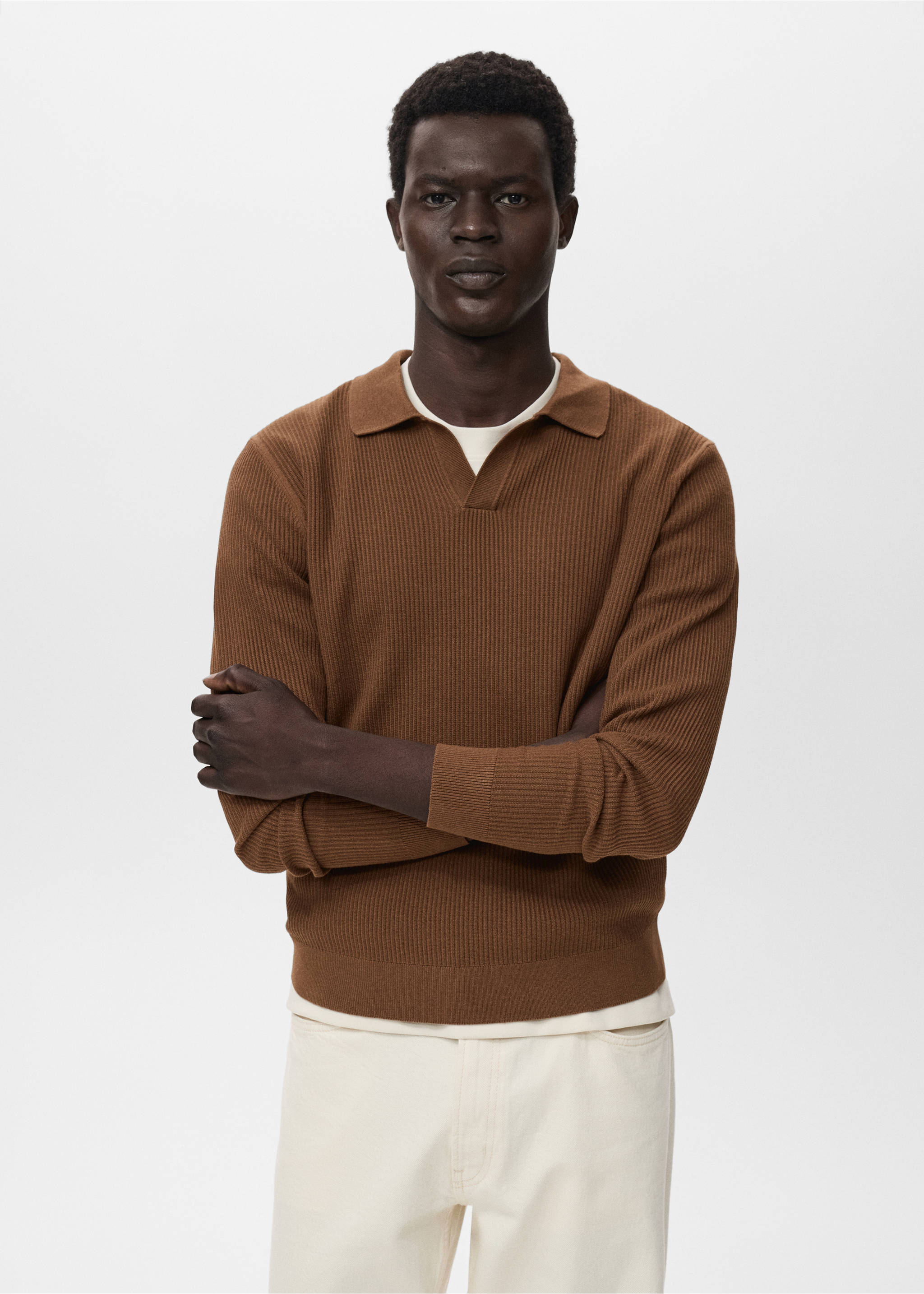 Cotton-blend ribbed polo sweater - Medium plane, Tobacco Brown. Ref: 17044428-00.