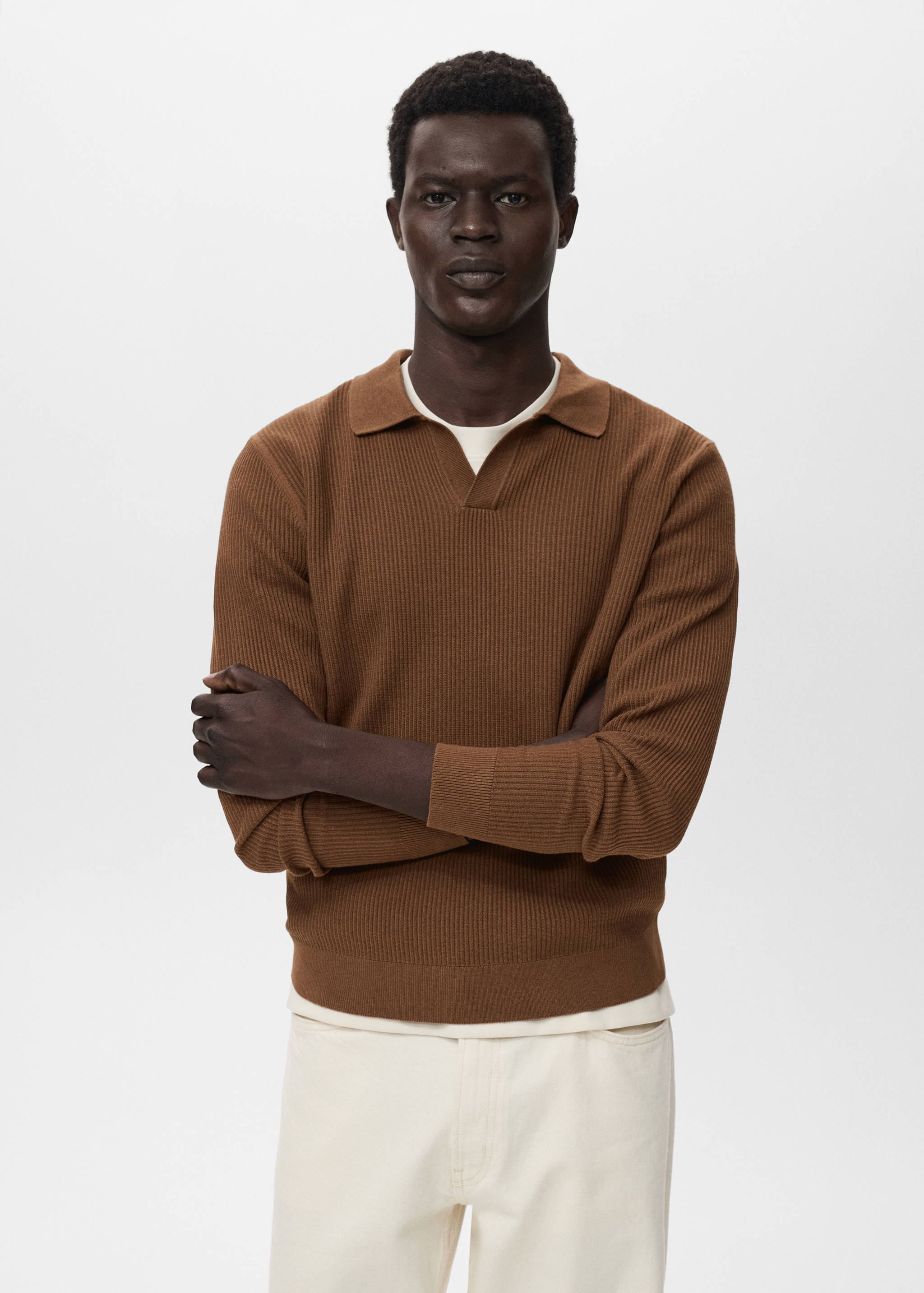 Cotton-blend ribbed polo sweater - Medium plane