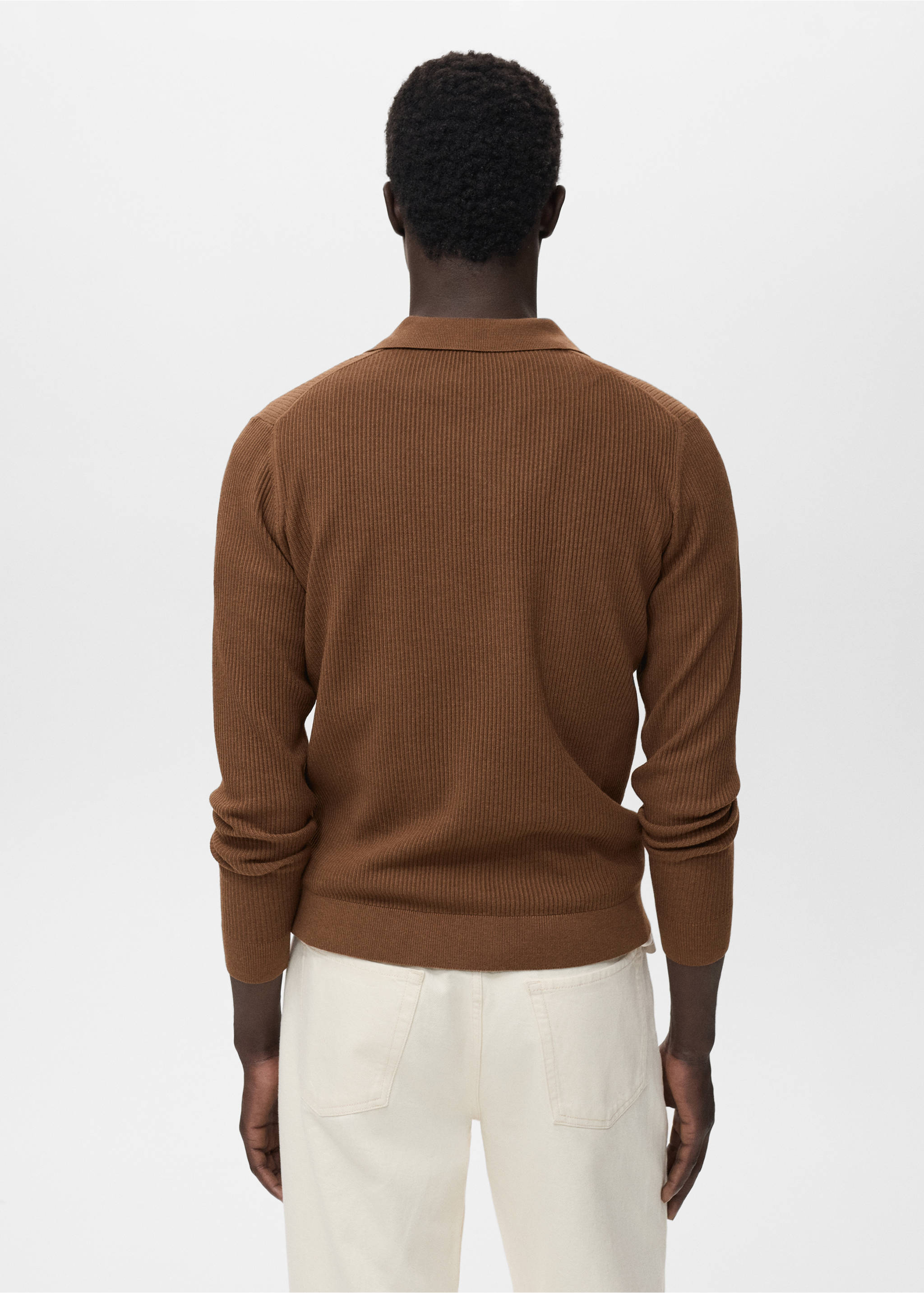 Cotton-blend ribbed polo sweater - Reverse of the article, Tobacco Brown. Ref: 17044428-00.