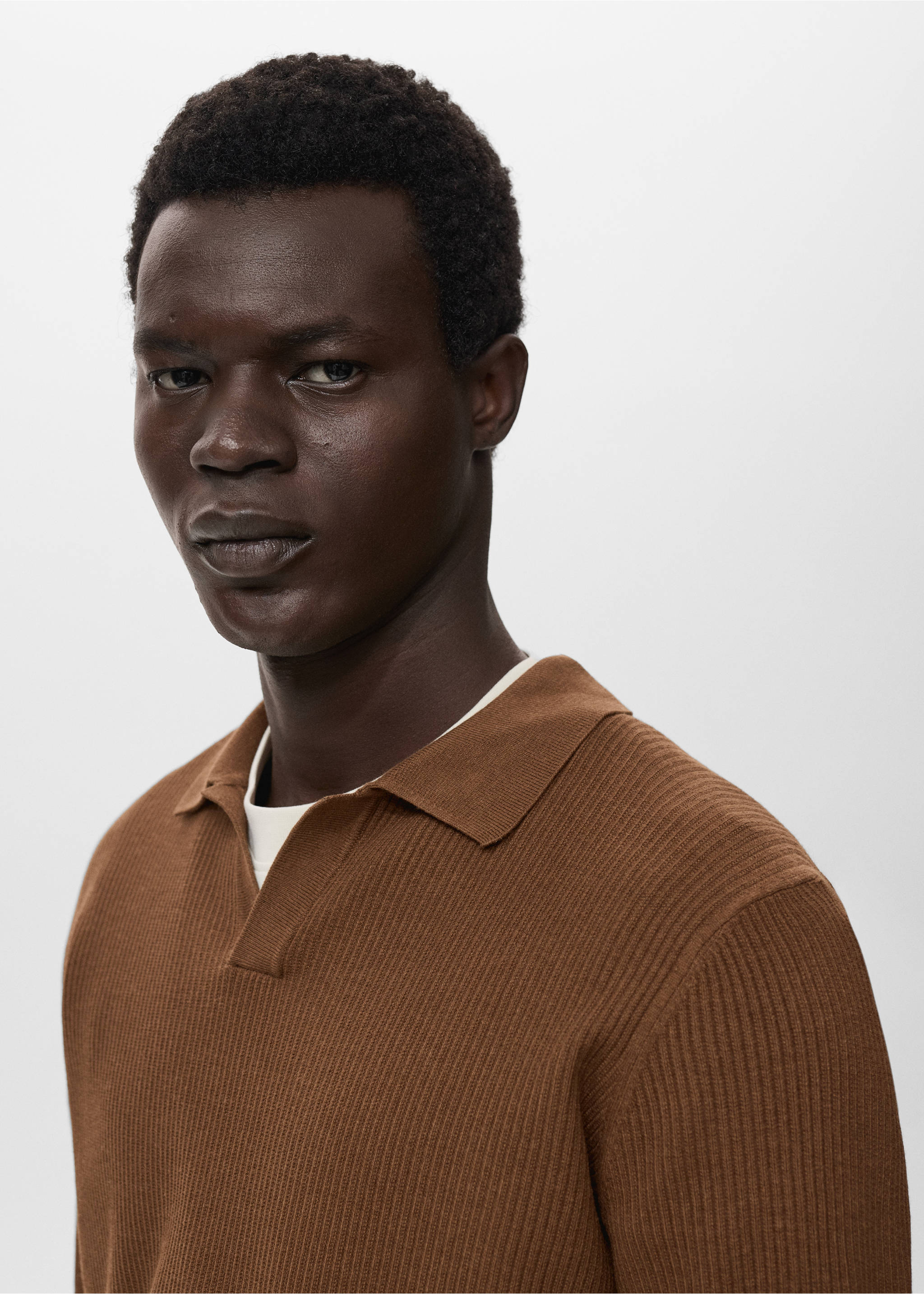 Cotton-blend ribbed polo sweater - Details of the article 1, Tobacco Brown. Ref: 17044428-00.