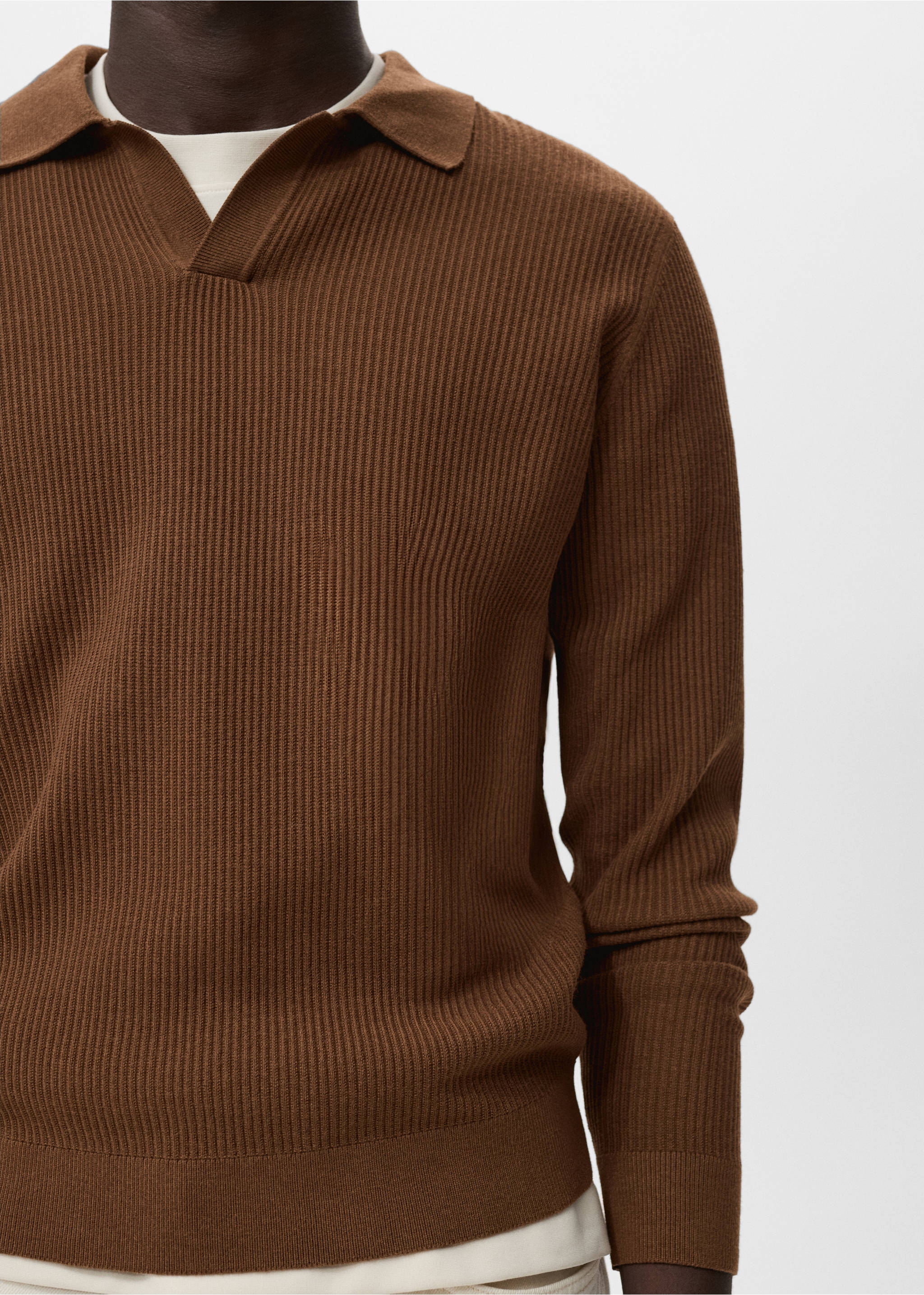 Cotton-blend ribbed polo sweater - Details of the article 6, Tobacco Brown. Ref: 17044428-00.
