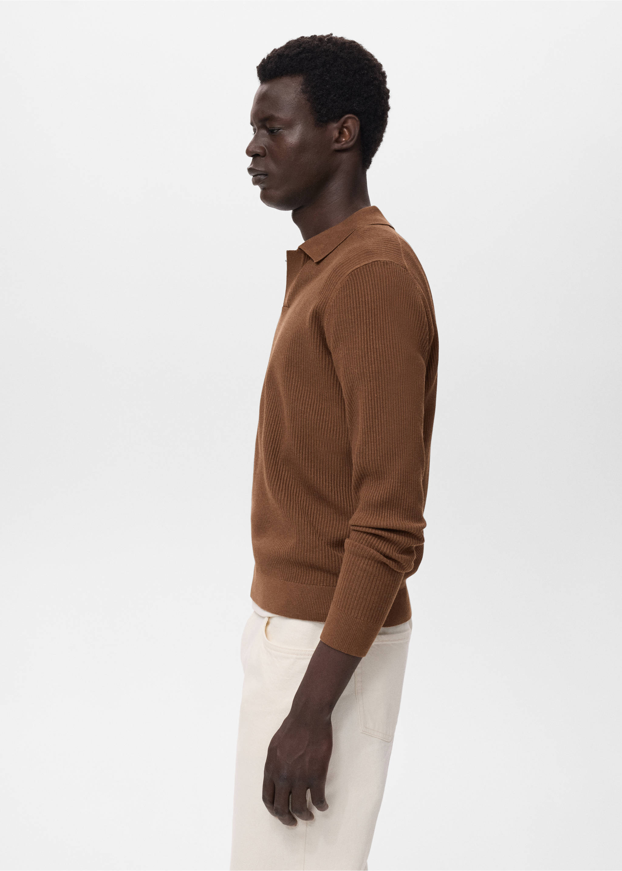 Cotton-blend ribbed polo sweater - Details of the article 2, Tobacco Brown. Ref: 17044428-00.