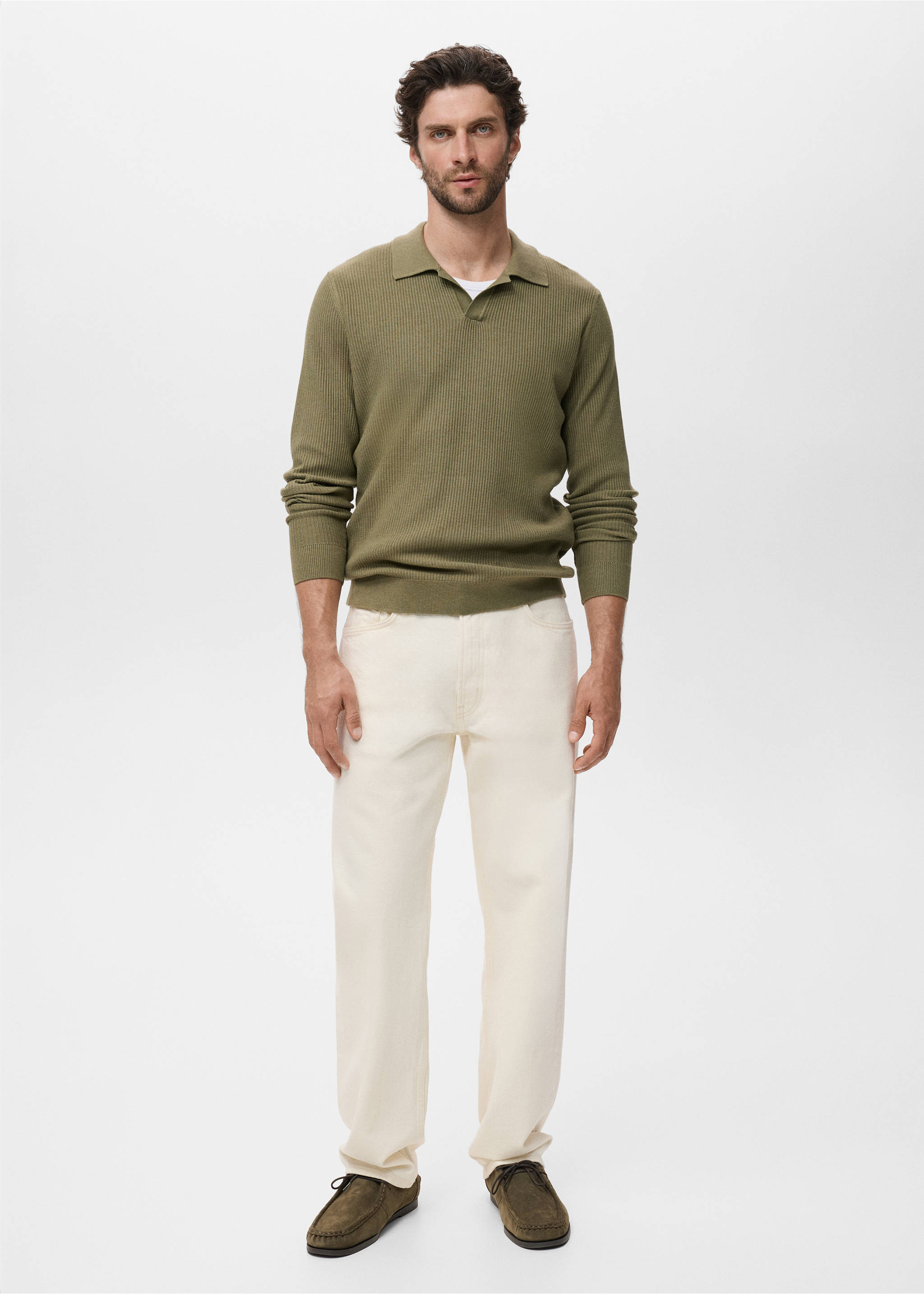 Cotton-blend ribbed polo sweater - General plane, Medium Green. Ref: 17044428-00.