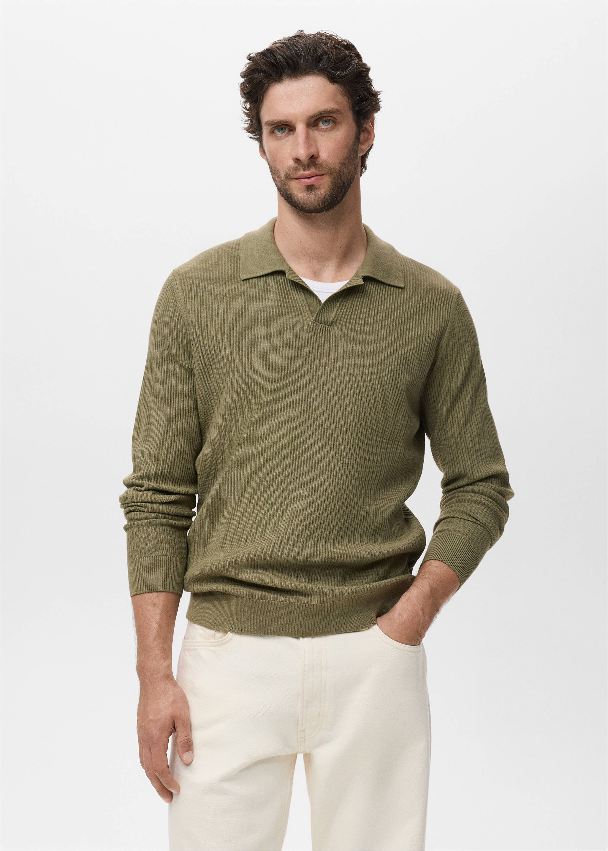 Cotton-blend ribbed polo sweater - Medium plane, Medium Green. Ref: 17044428-00.