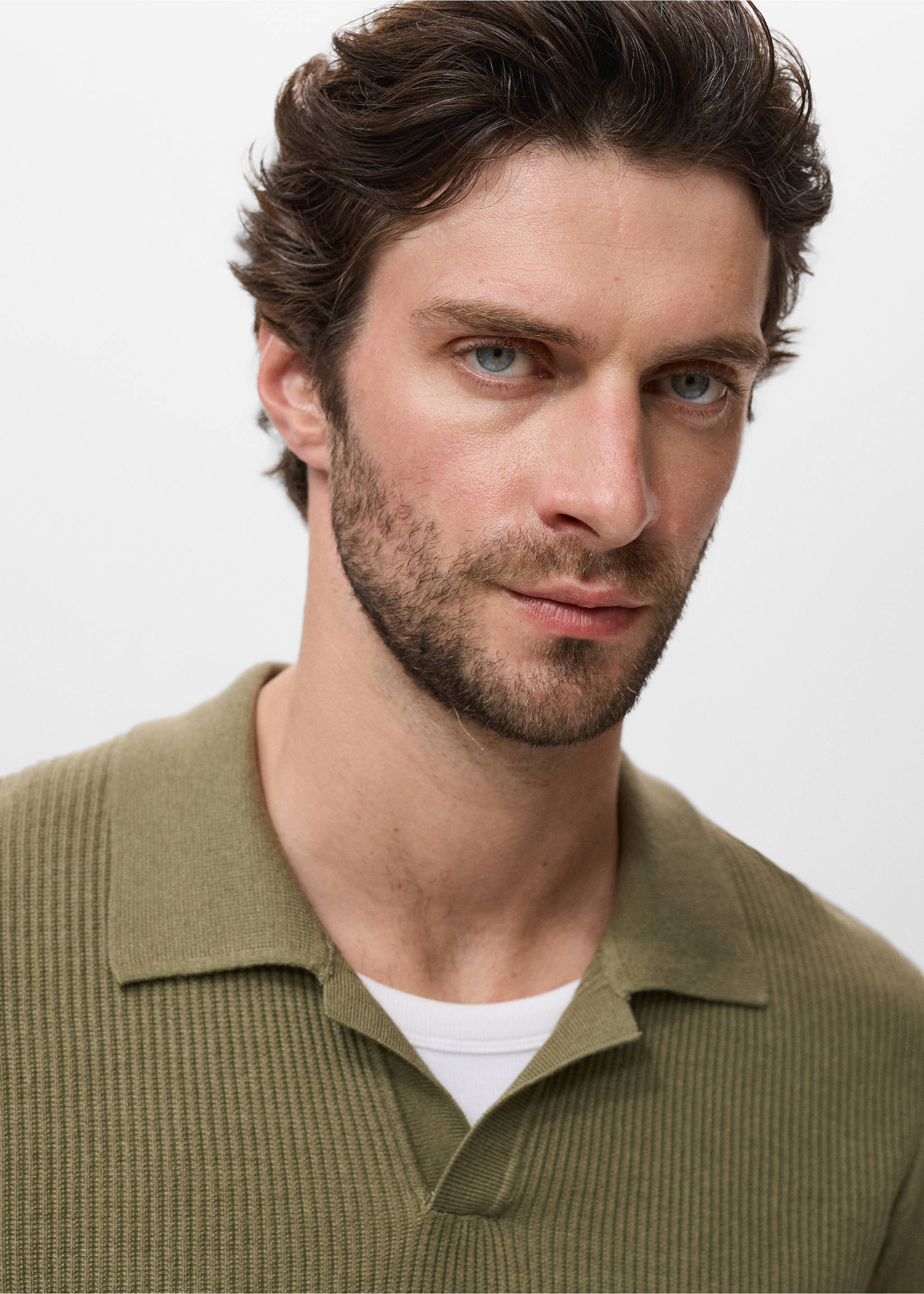 Cotton-blend ribbed polo sweater - Details of the article 1, Medium Green. Ref: 17044428-00.