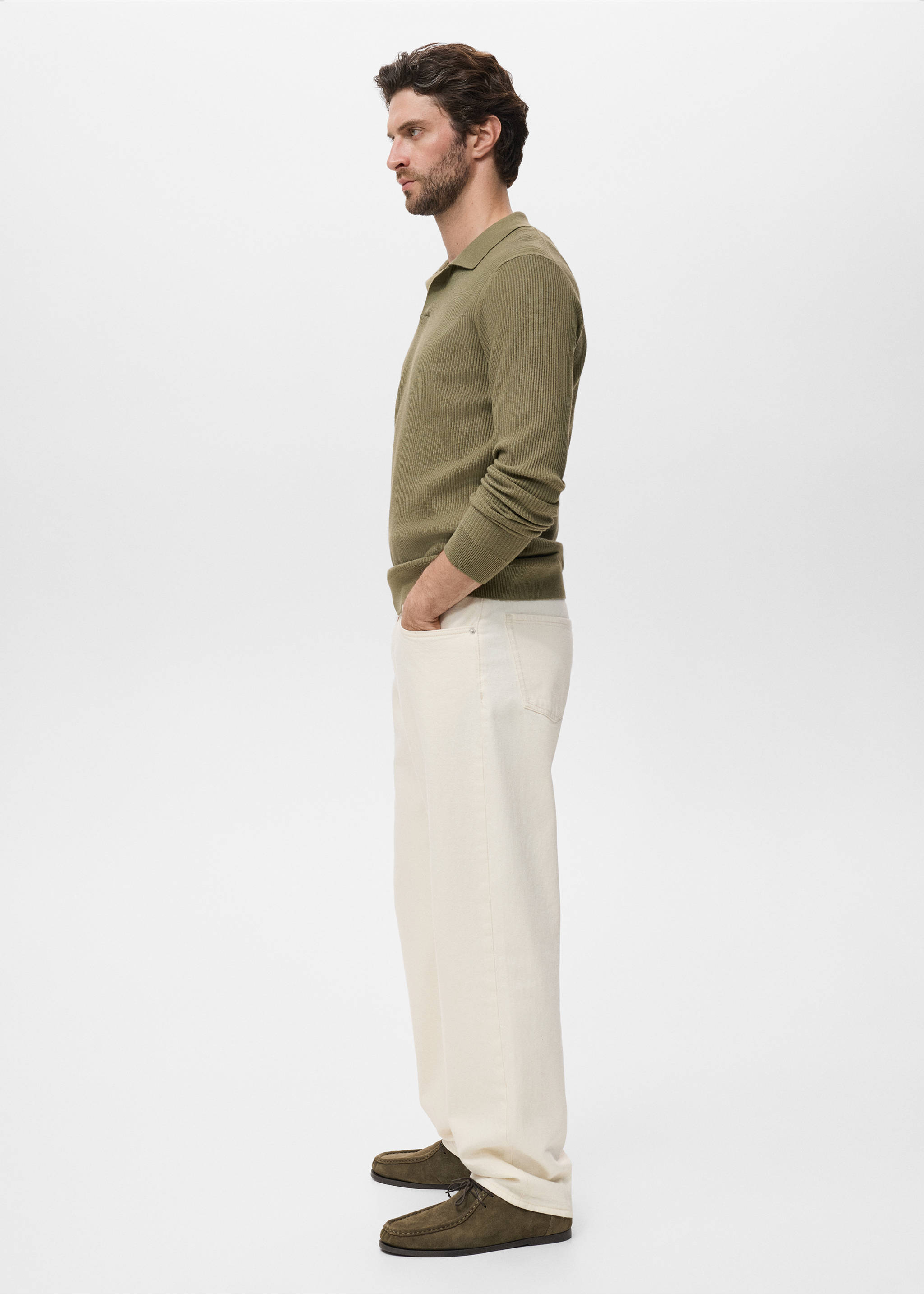 Cotton-blend ribbed polo sweater - Details of the article 2, Medium Green. Ref: 17044428-00.