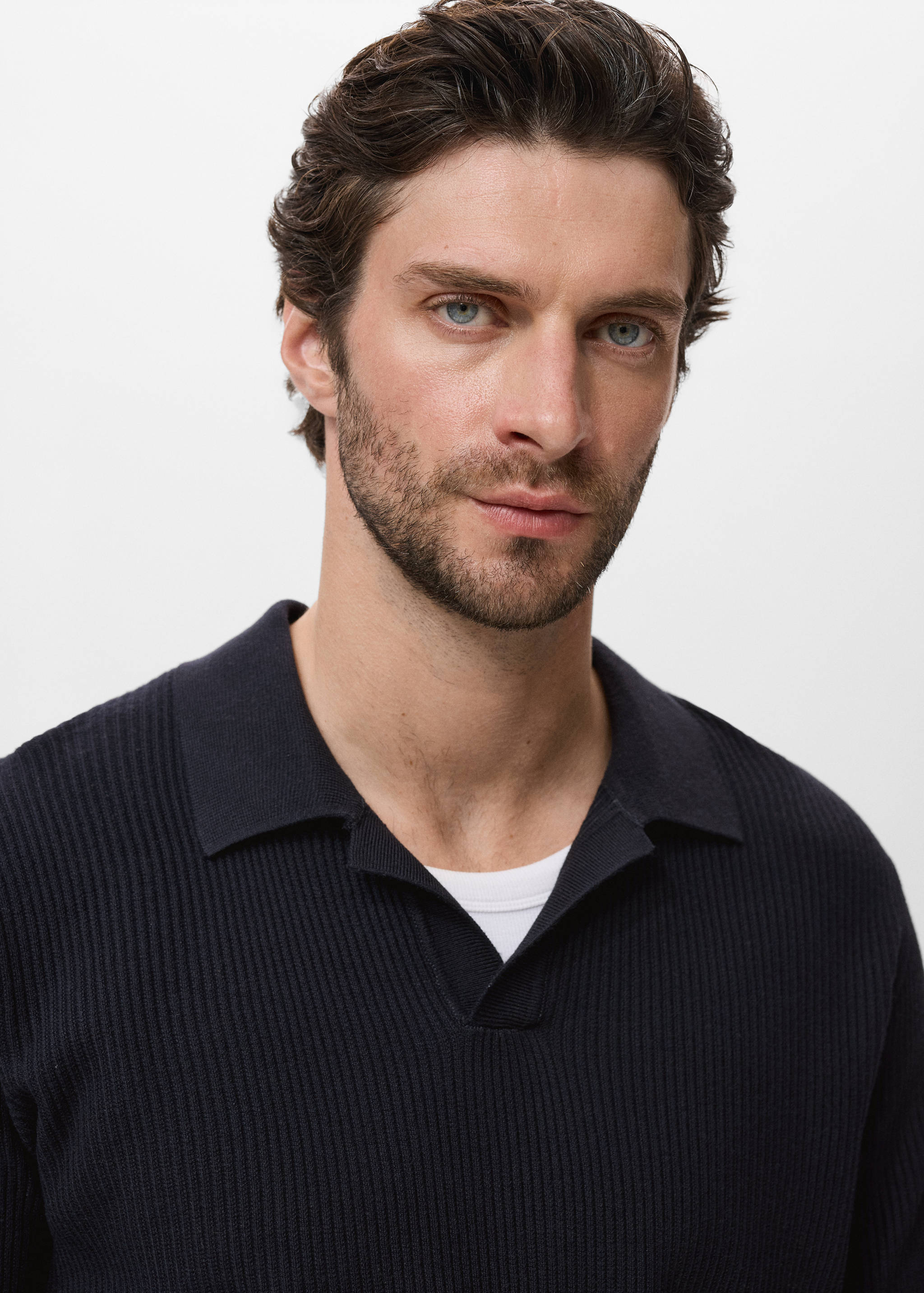 Cotton-blend ribbed polo sweater - Details of the article 1