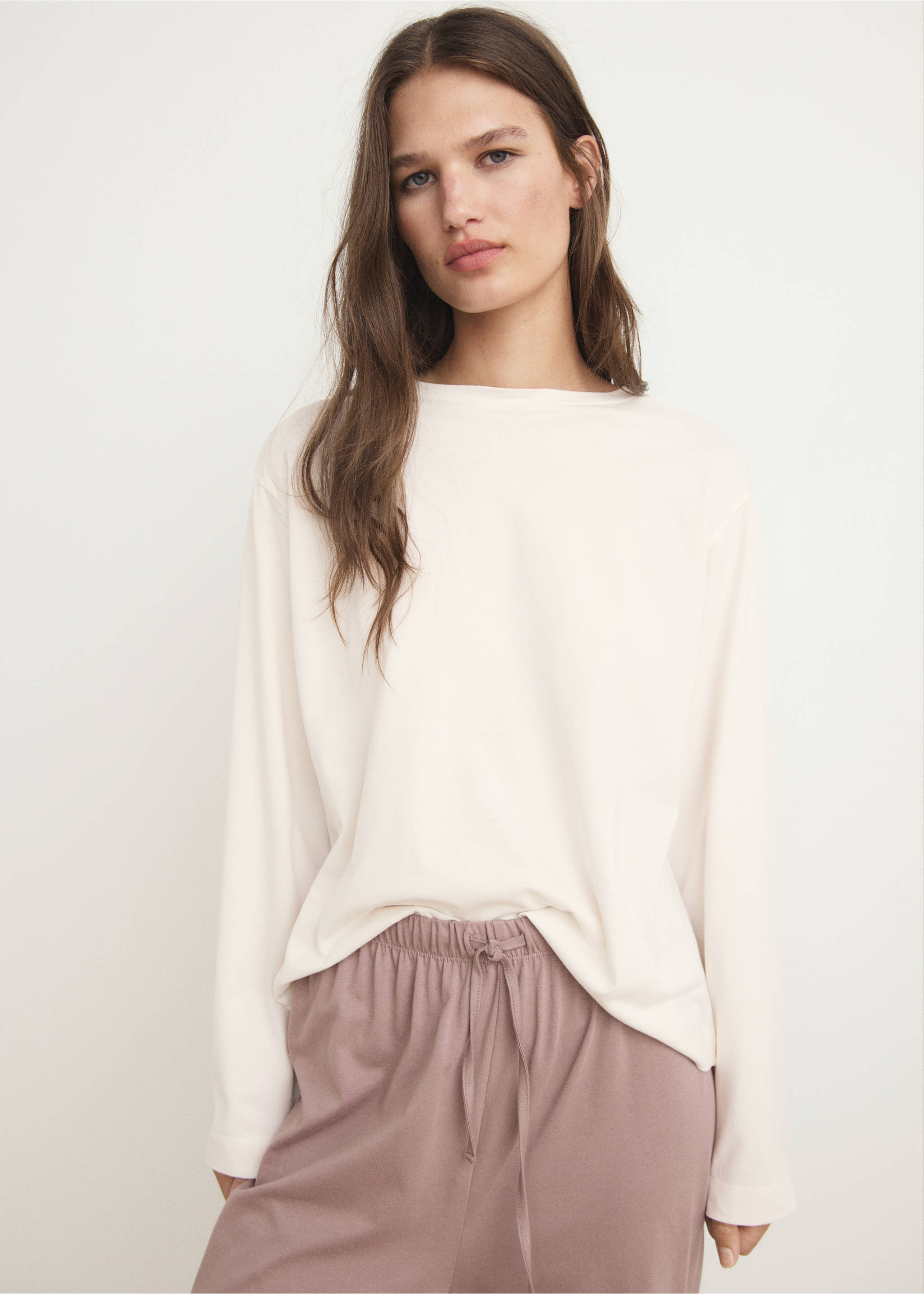 Long-sleeved pyjama t-shirt - Medium plane, Vanilla. Ref: 17044445-00.