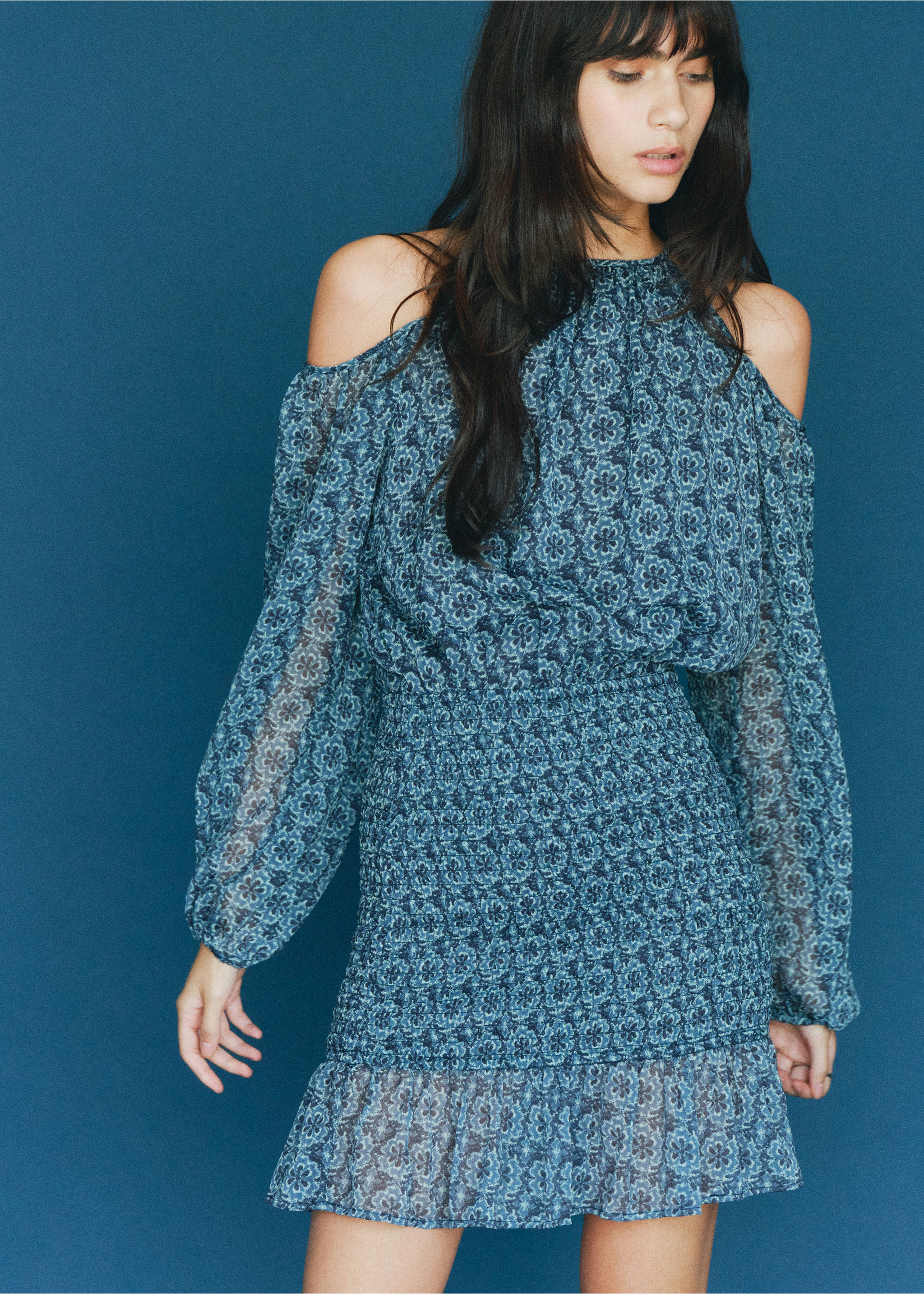 Floral dress with cut-out - Details of the article 5, Petrol Blue. Ref: 17044778-00.