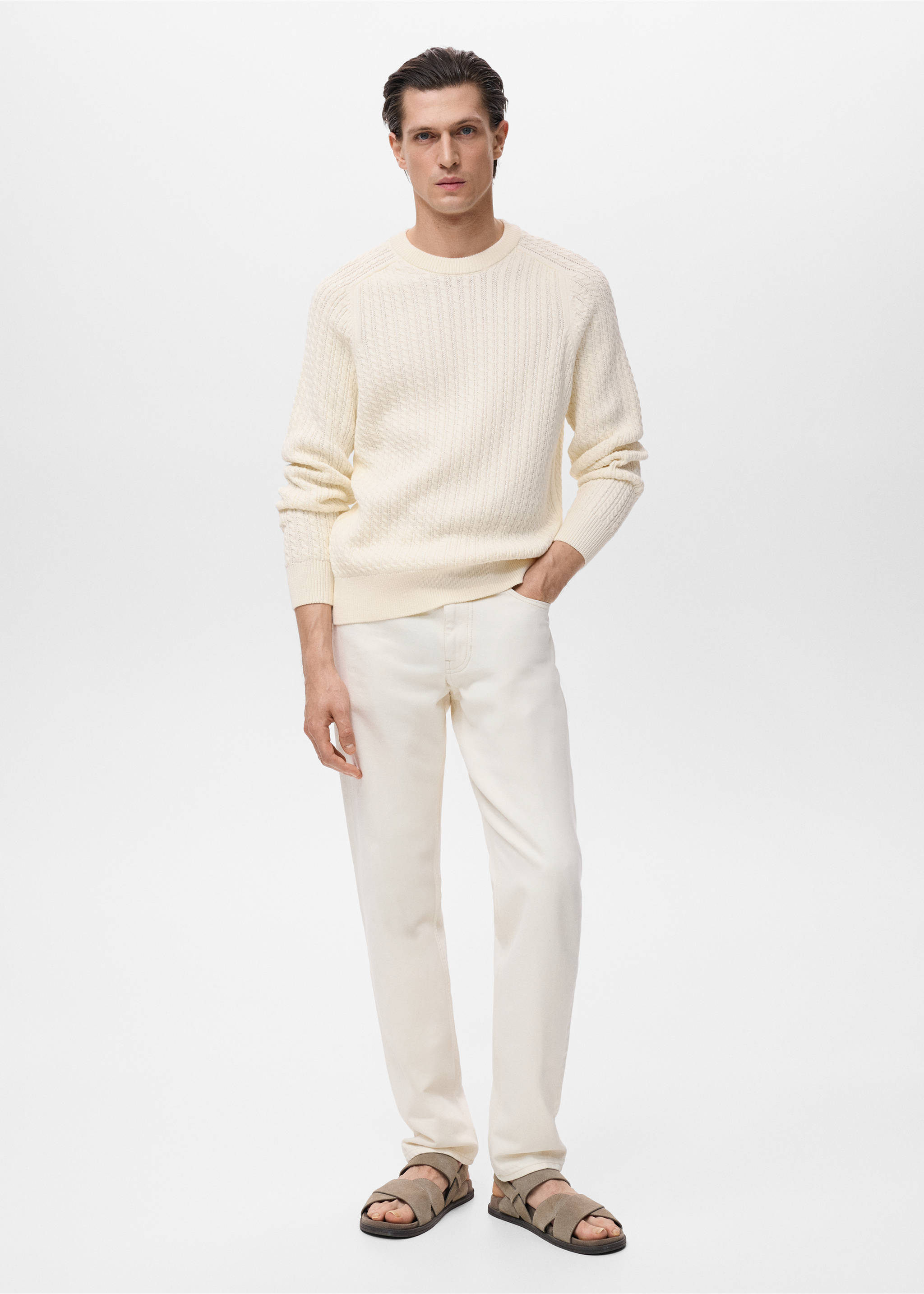 Cream knitted crew-neck jersey worn with matching trousers., Off White. Ref: 17045150-00.