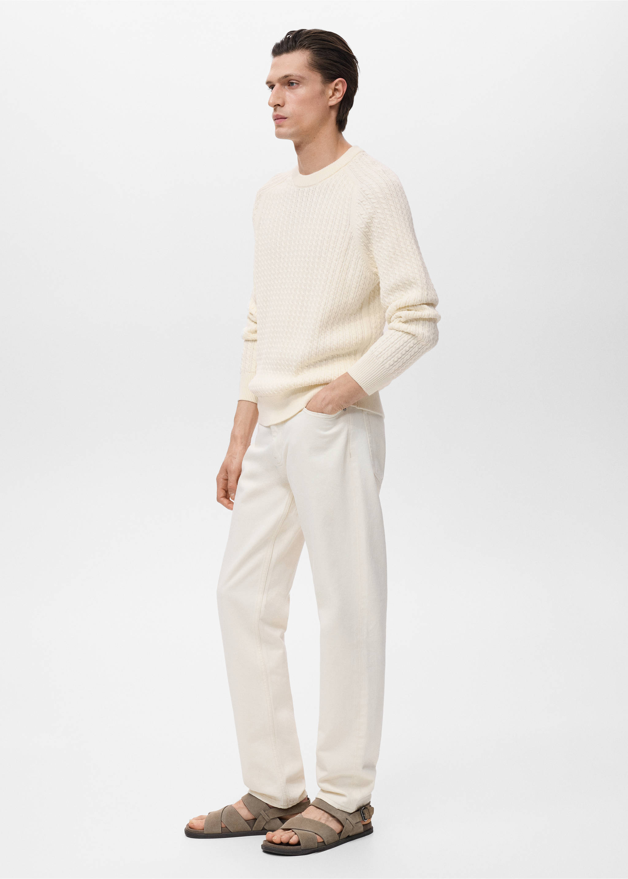 Off-white textured knit jersey with a crew neck and long sleeves., Off White. Ref: 17045150-00.