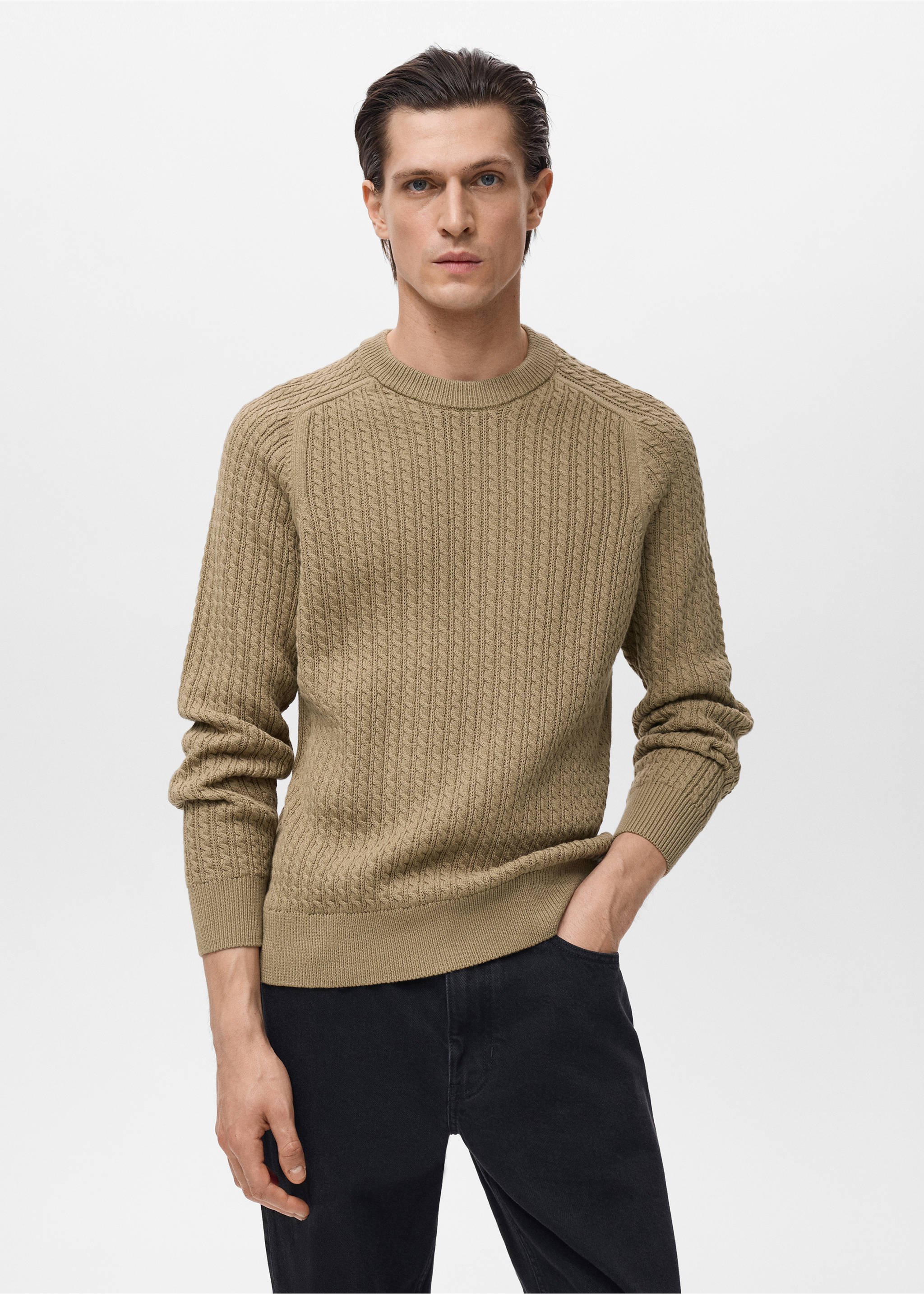 Khaki beige knitted crew neck jersey with vertical cable-knit texture., Sand. Ref: 17045150-00.