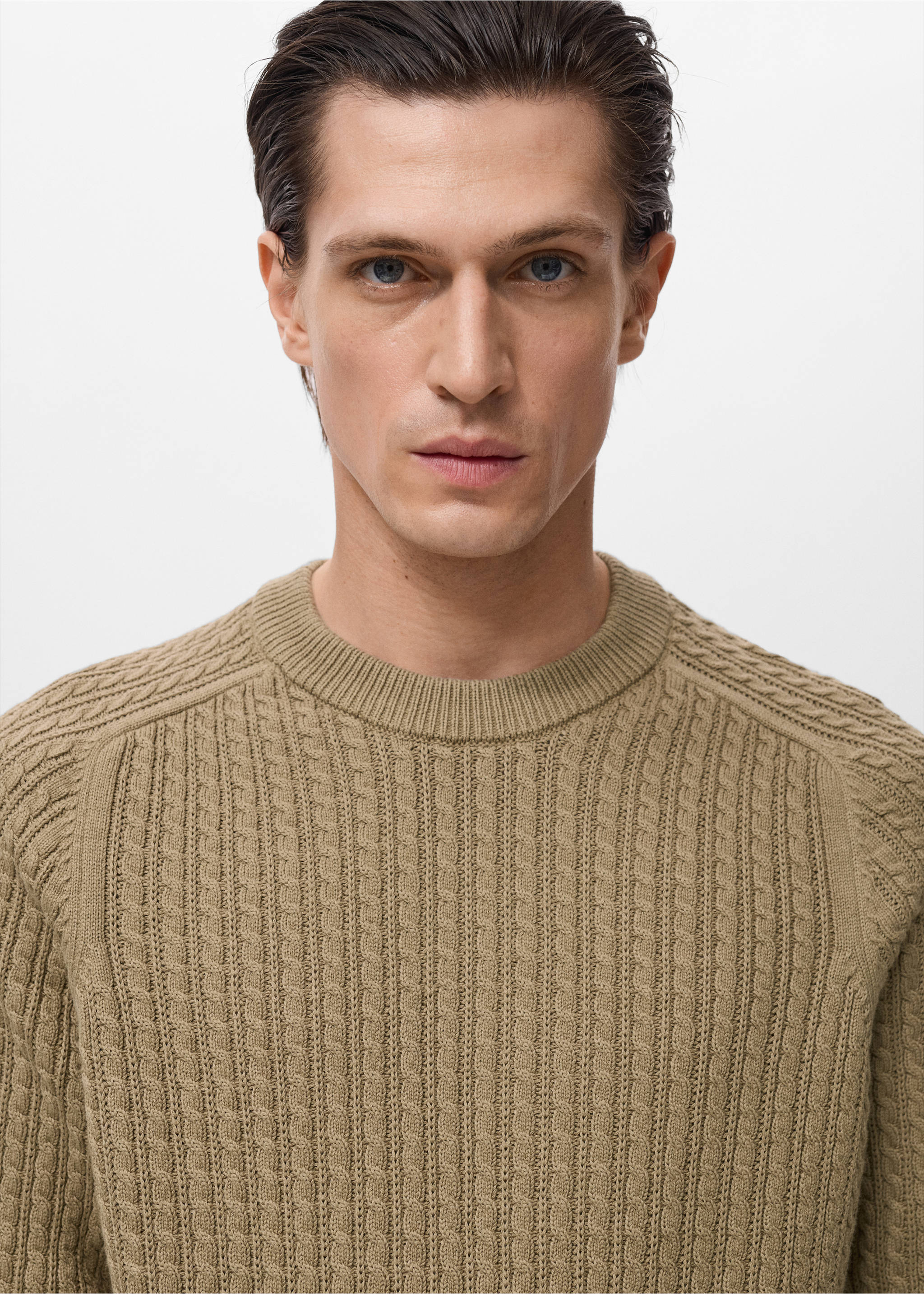 Khaki green knitted crew neck jumper with a cable knit texture., Sand. Ref: 17045150-00.