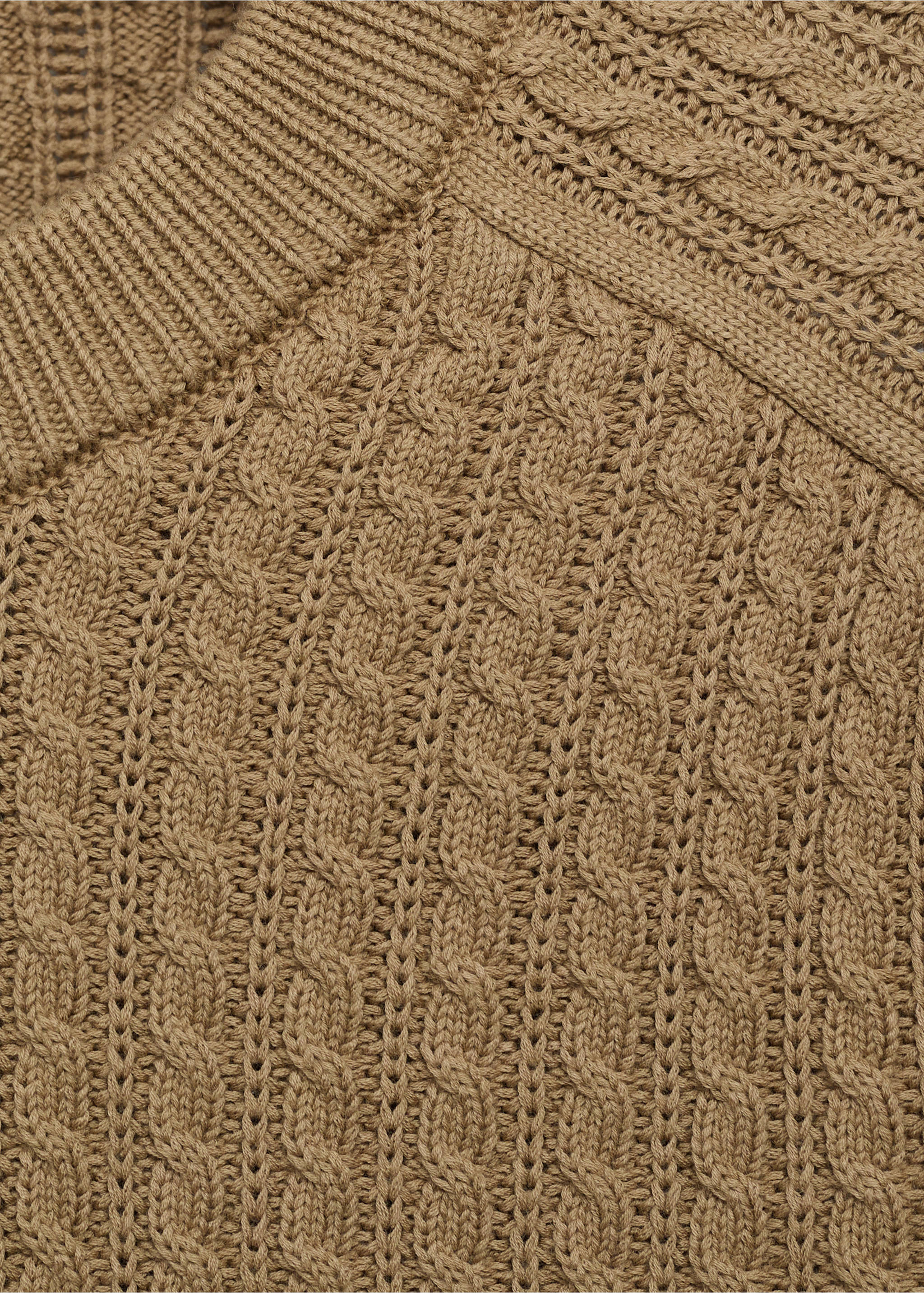 Close-up of a brown cable-knit jumper with a ribbed crew neck., Sand. Ref: 17045150-00.