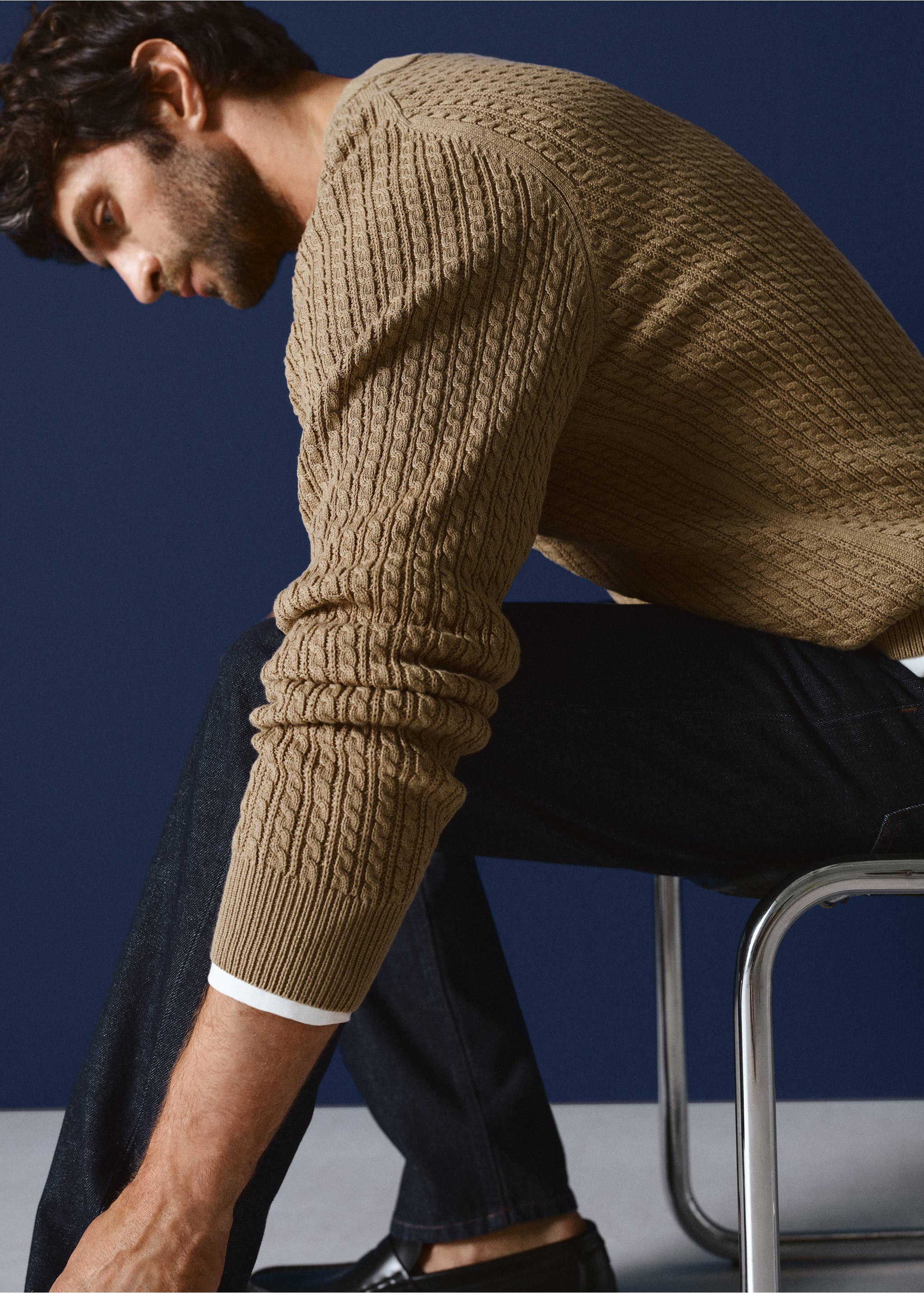 Brown cable-knit jersey sweater with a round neckline., Sand. Ref: 17045150-00.