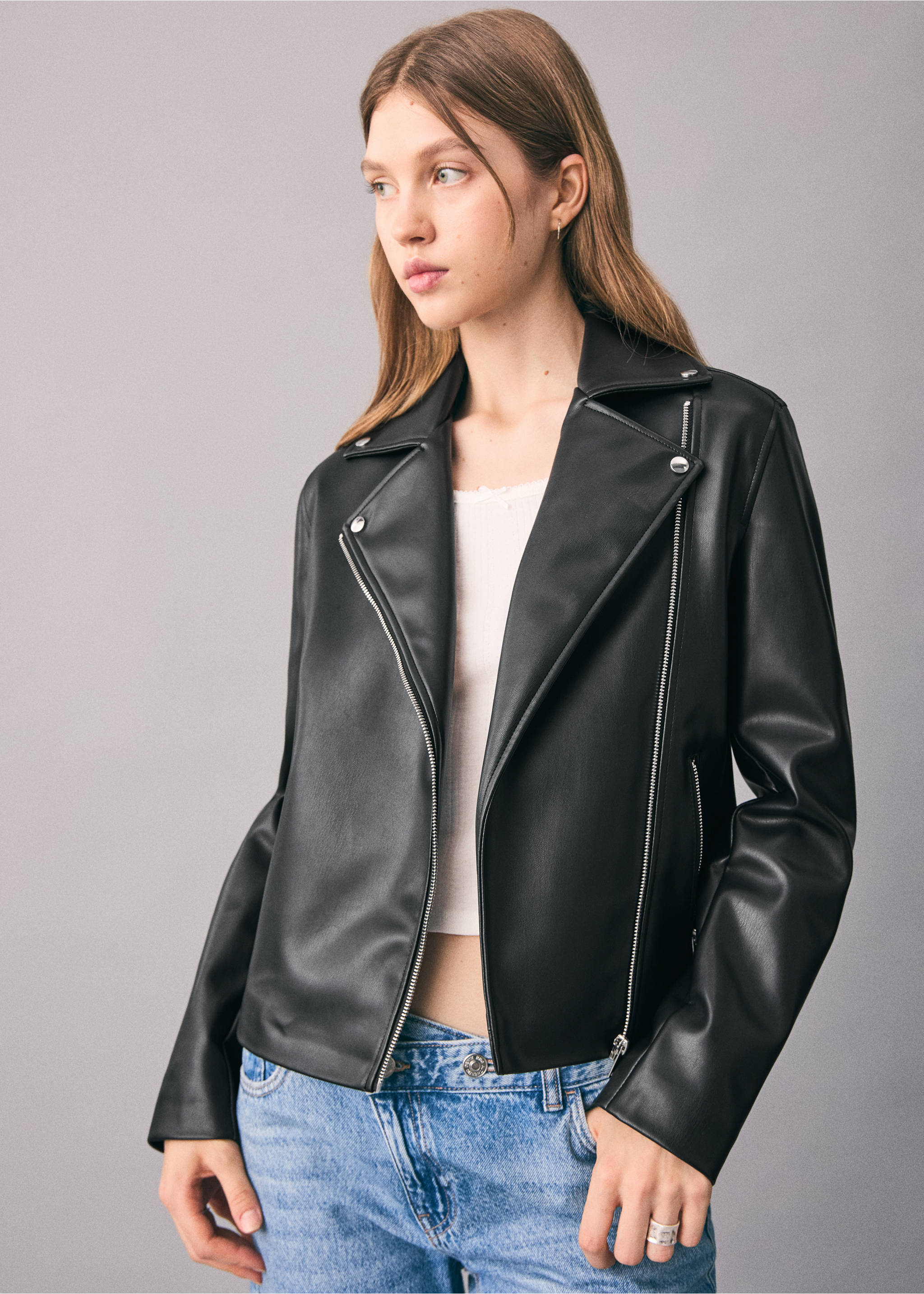 Leather-effect biker jacket - Medium plane, Black. Ref: 17045156-00.