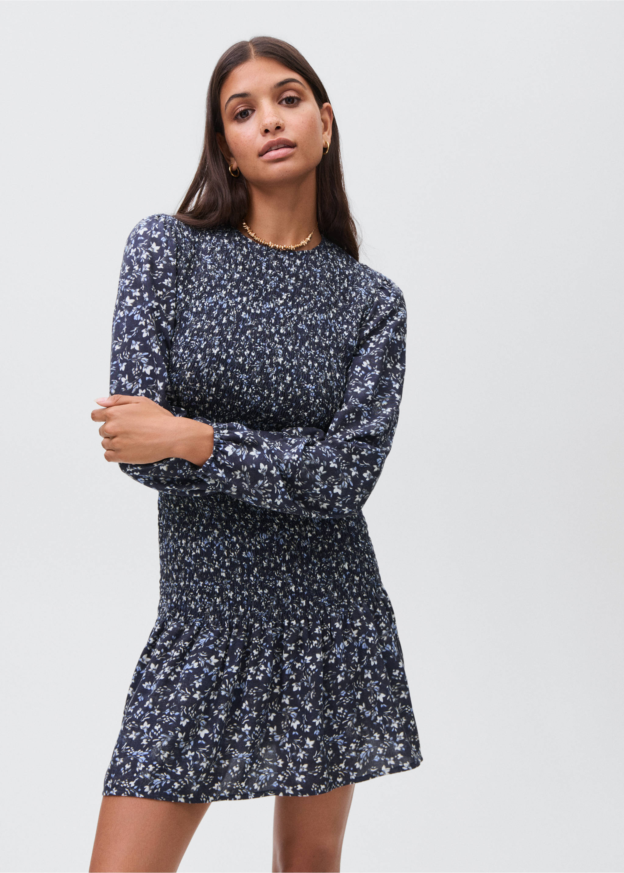 Ruffled floral dress - Medium plane, Dark Navy. Ref: 17045793-00.