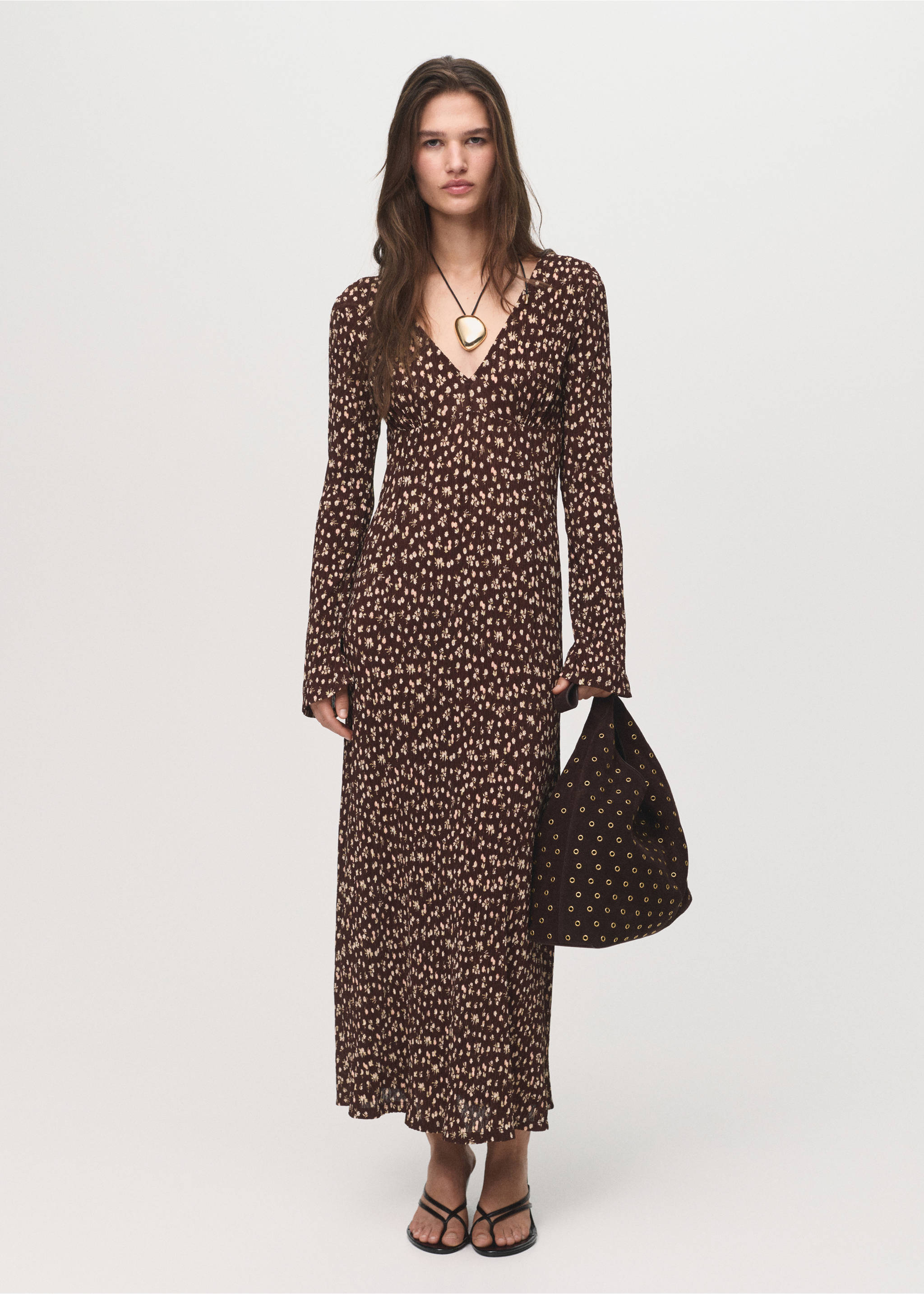 Printed V-neck dress - General plane, Brown. Ref: 17045812-00.