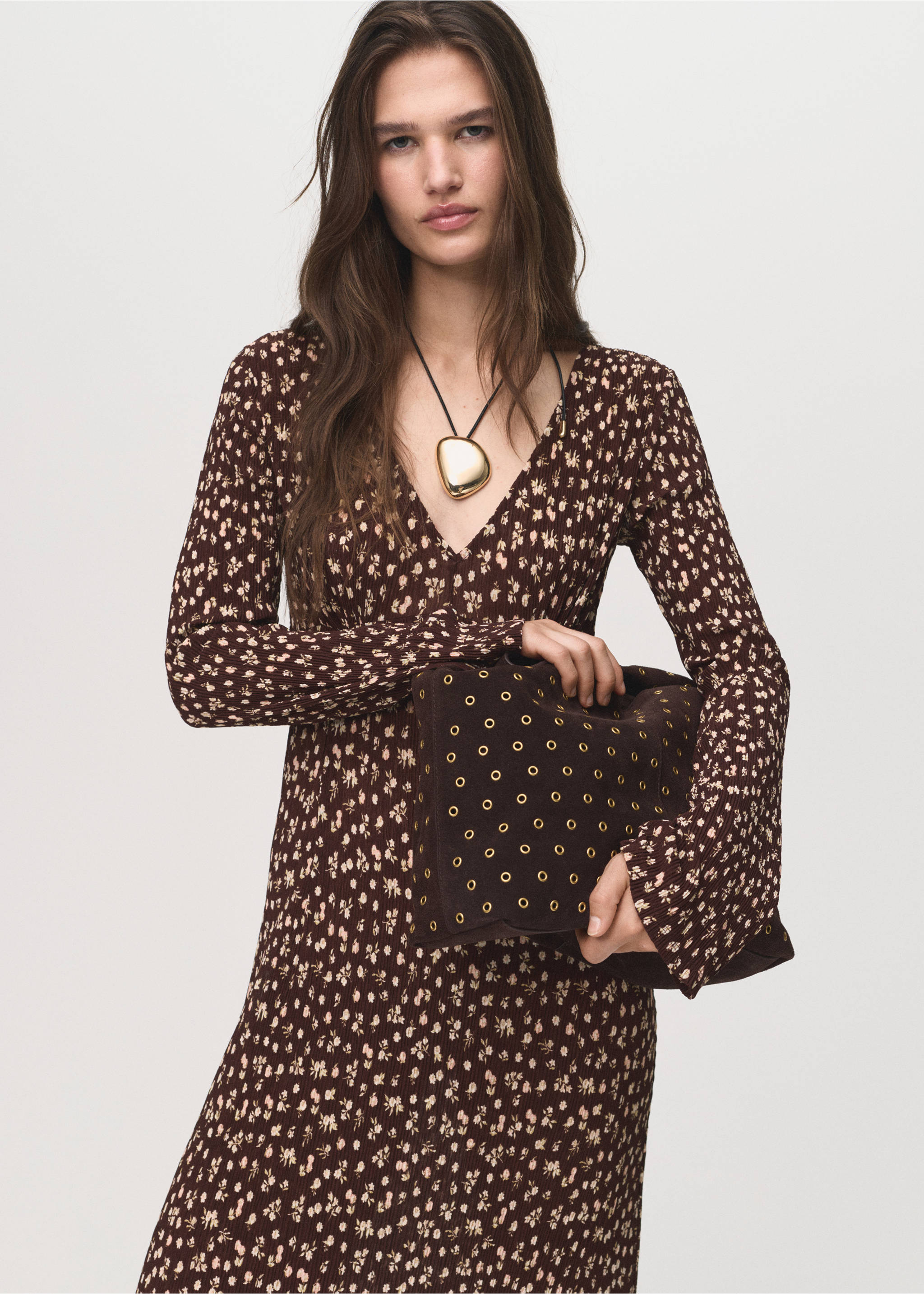 Printed V-neck dress - Medium plane, Brown. Ref: 17045812-00.