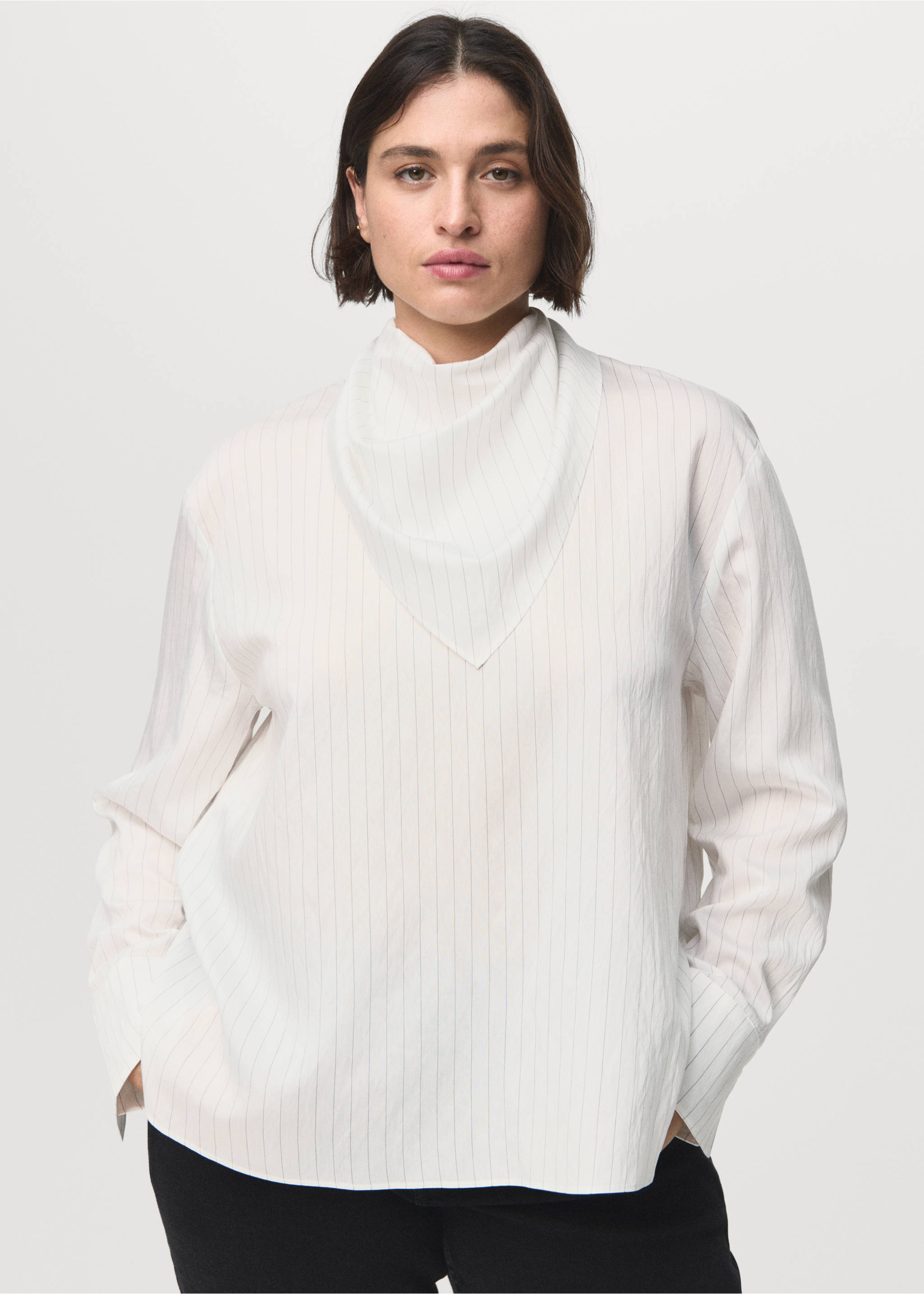 Striped blouse with handkerchief - Details of the article 5, White. Ref: 17045814-00.