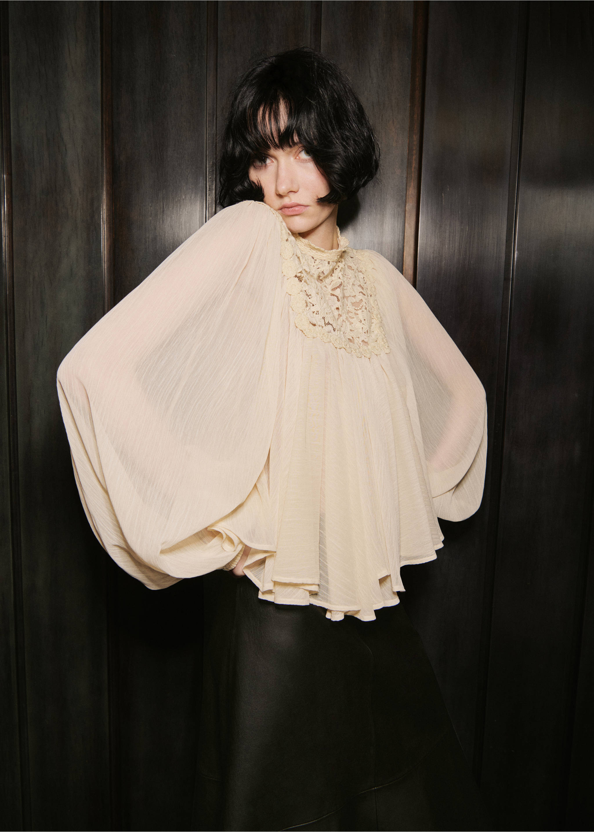 Lace combination blouse - Medium plane, Ecru. Ref: 17045819-00.