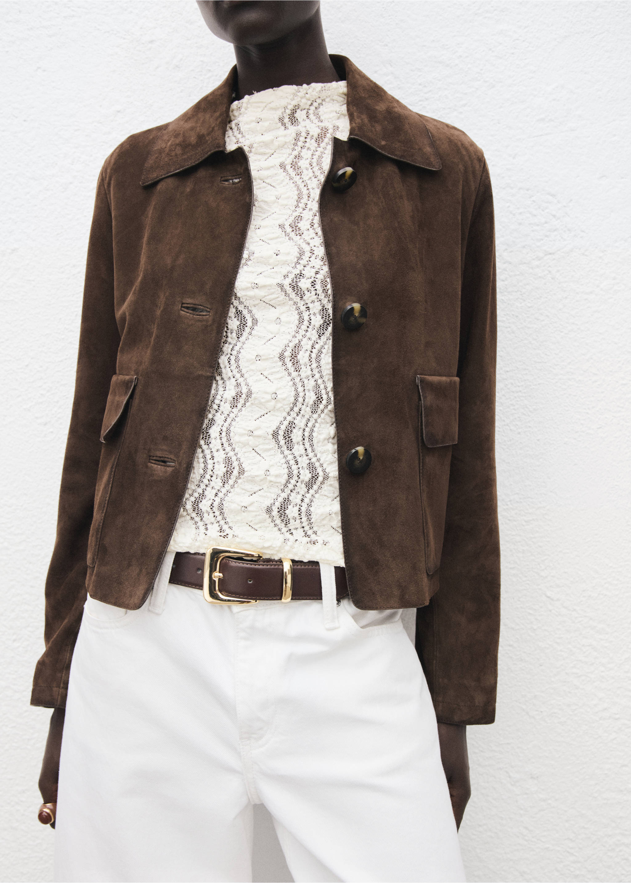 Openwork sweater with perkins collar - Details of the article 6, Off White. Ref: 17045822-00.