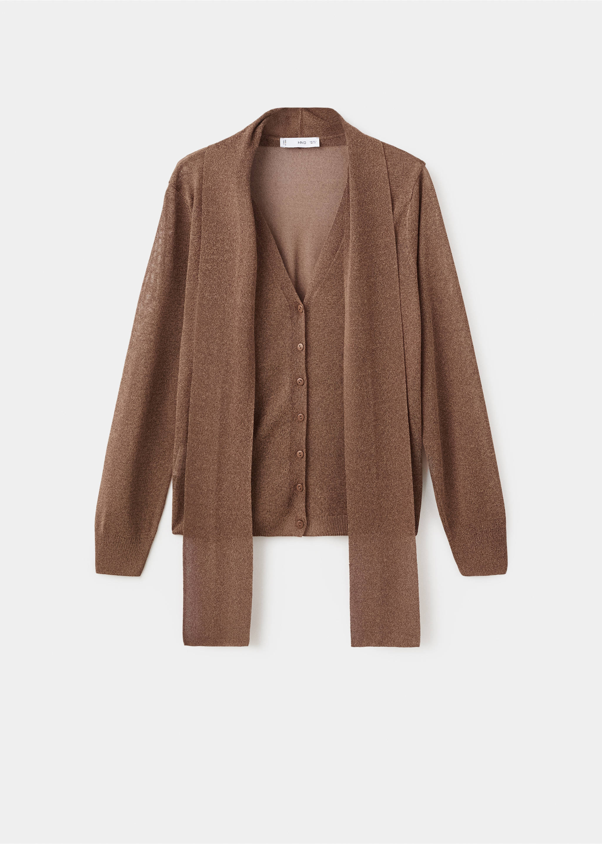 Brown metallic-thread cardigan with long sleeves and attached scarf., Brown. Ref: 17045825-00.