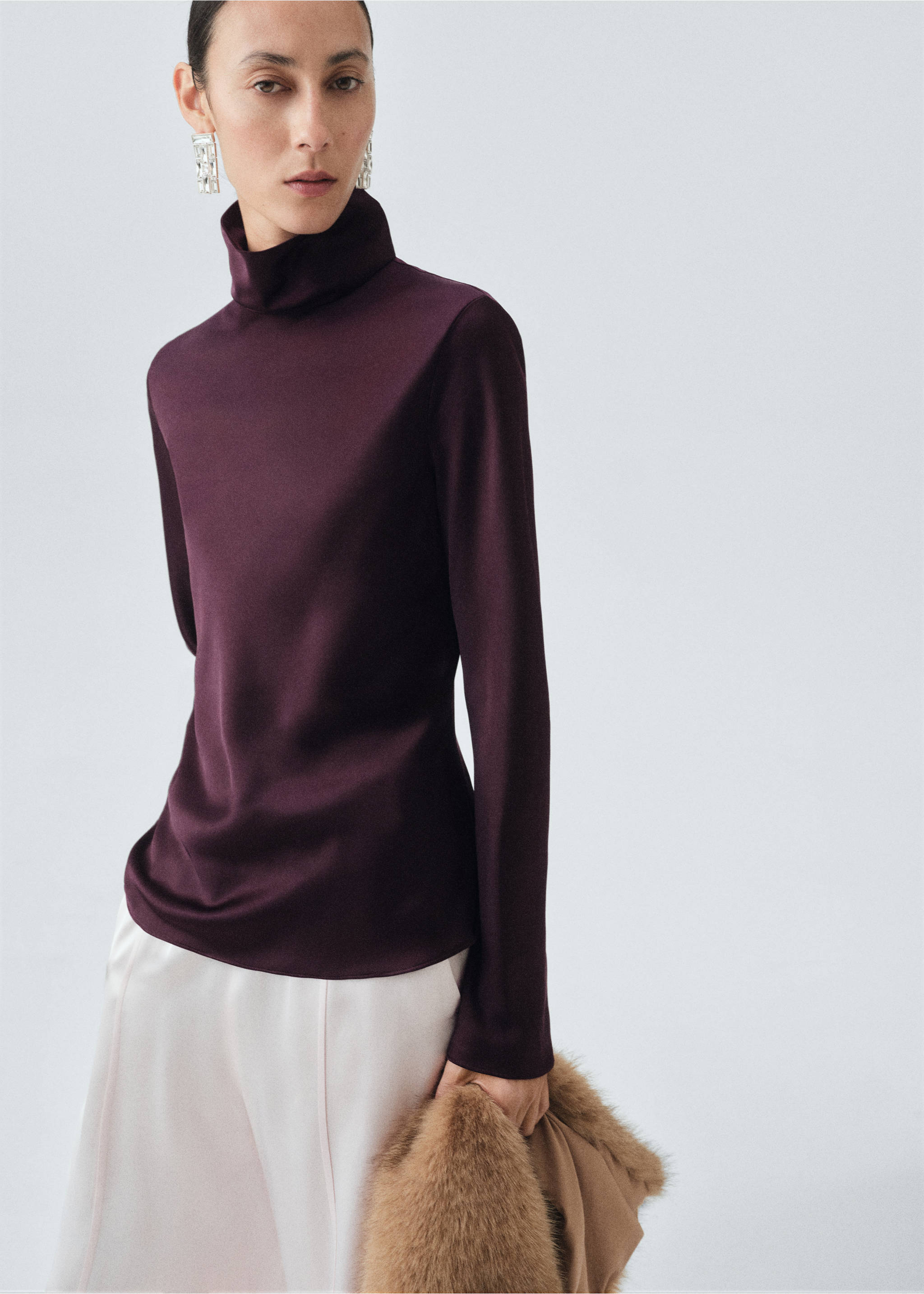 High collar satin blouse - Medium plane, Purple. Ref: 17045826-00.