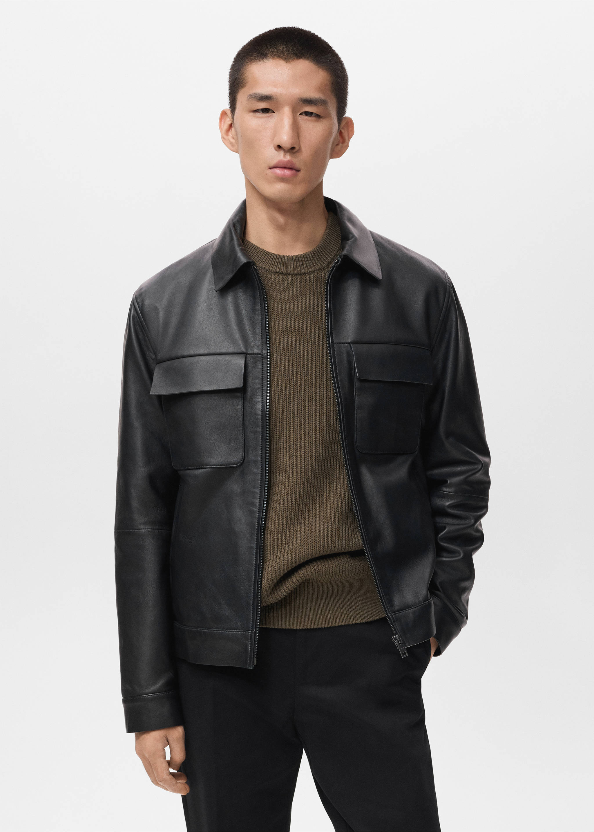 Blouson 100 % cuir poches - Plan moyen, Noir. Ref: 17045968-00.