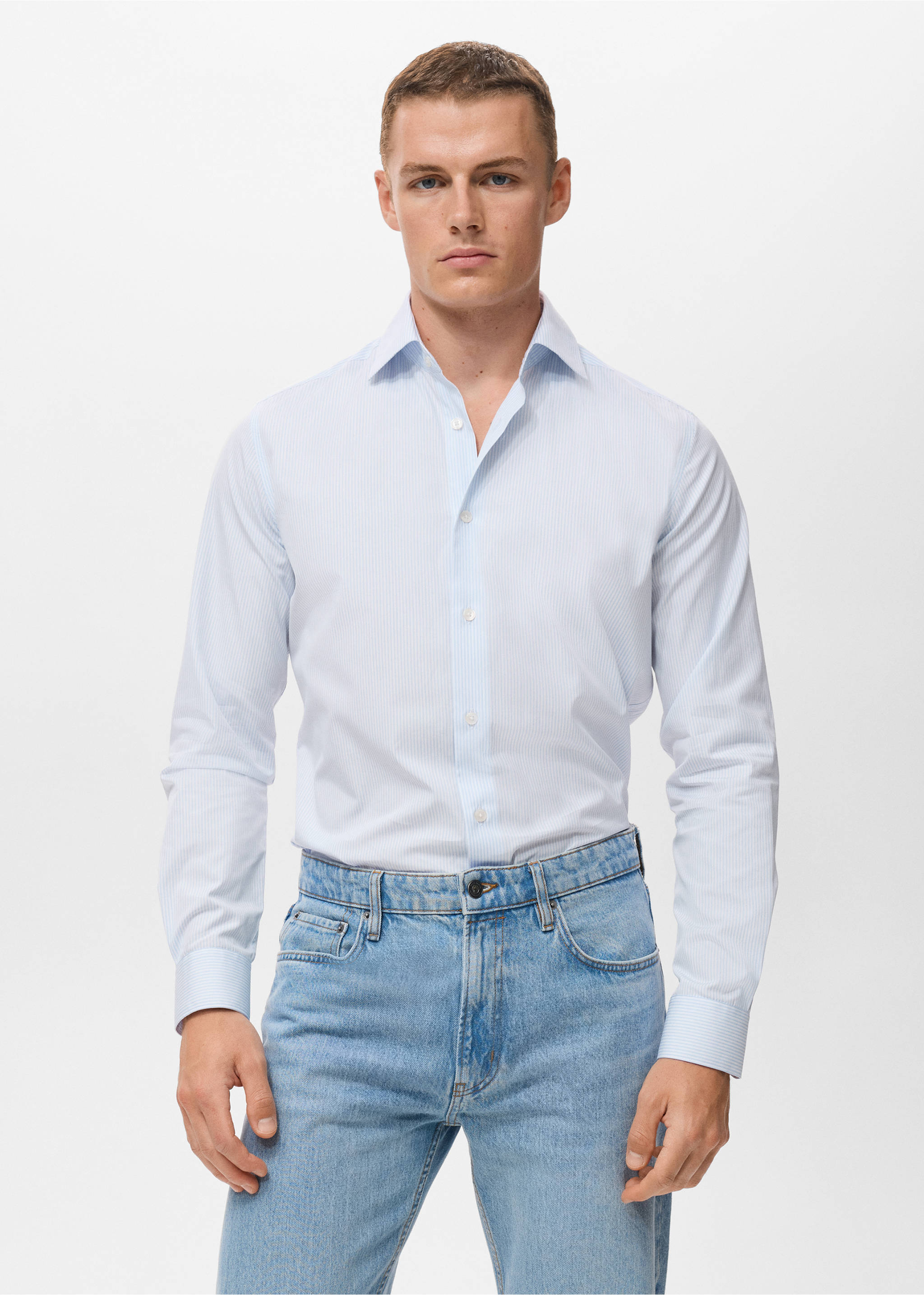100% cotton striped slim-fit shirt - Medium plane, Sky Blue. Ref: 17046001-00.