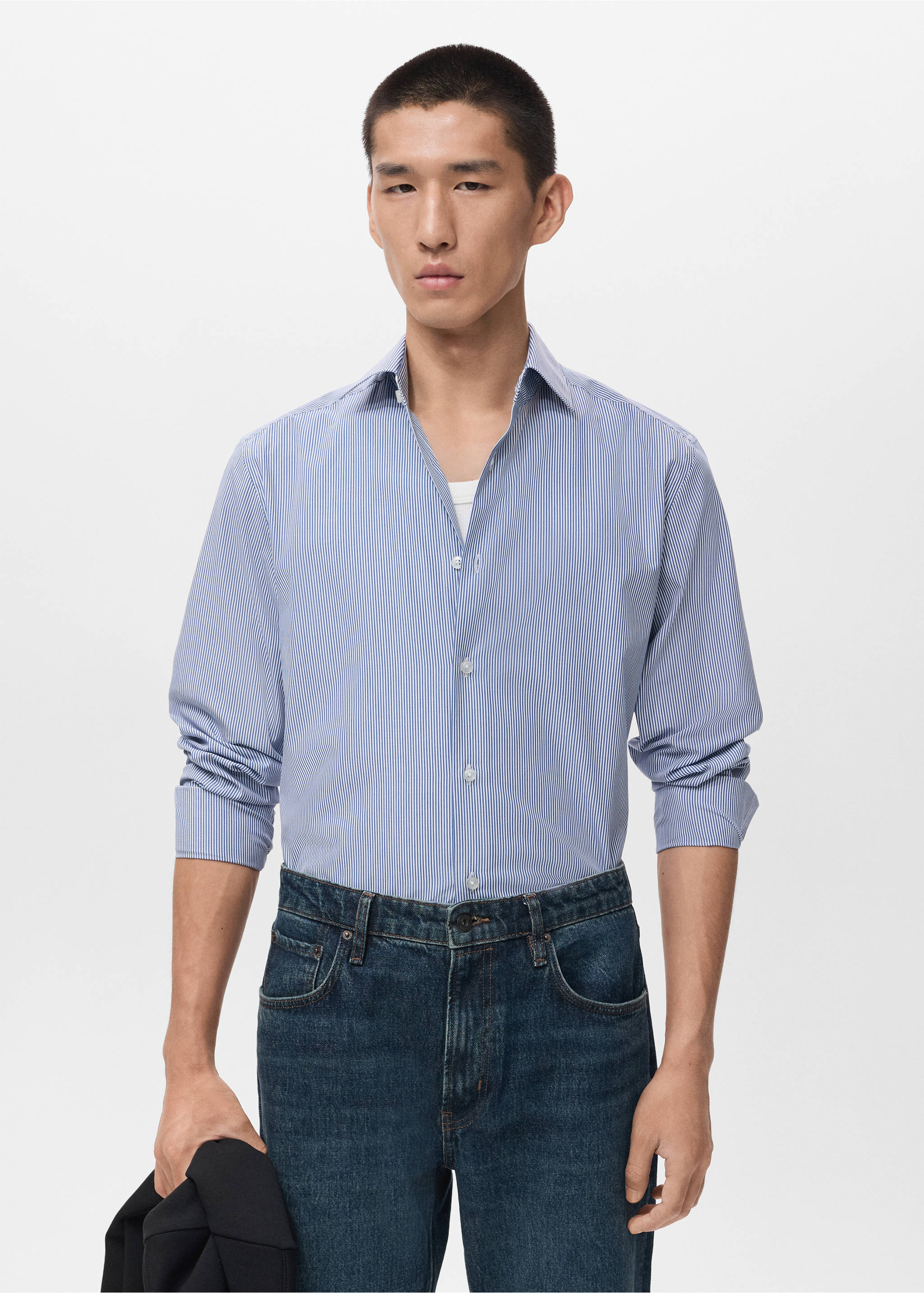100% cotton striped slim-fit shirt - Medium plane, Blue. Ref: 17046001-00.